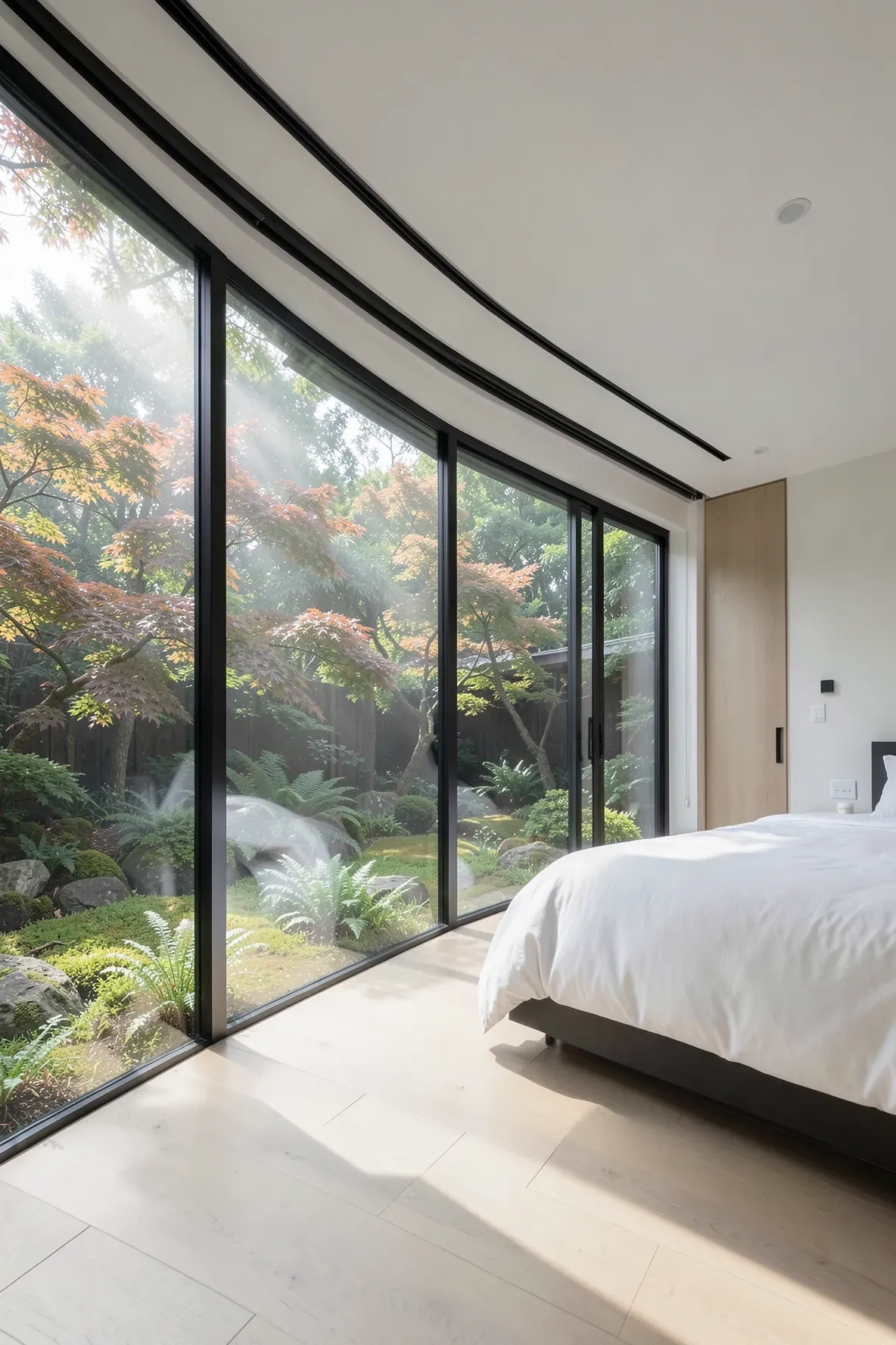 A minimalist bedroom with large glass walls overlooking a peaceful green garden.