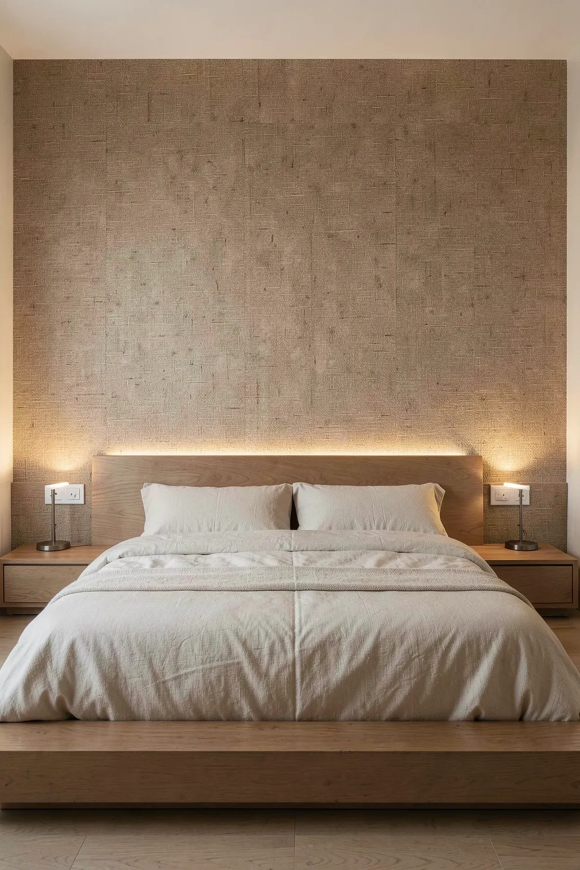 A textured tan grasscloth wallpaper wall behind a simple wooden bed frame.