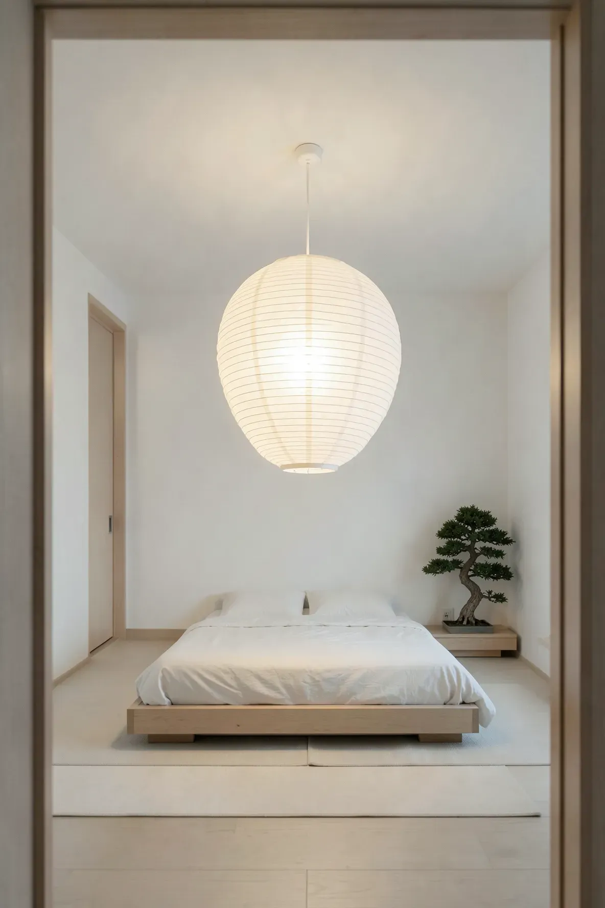 A large round white paper lantern hanging in a bright, minimalist bedroom.