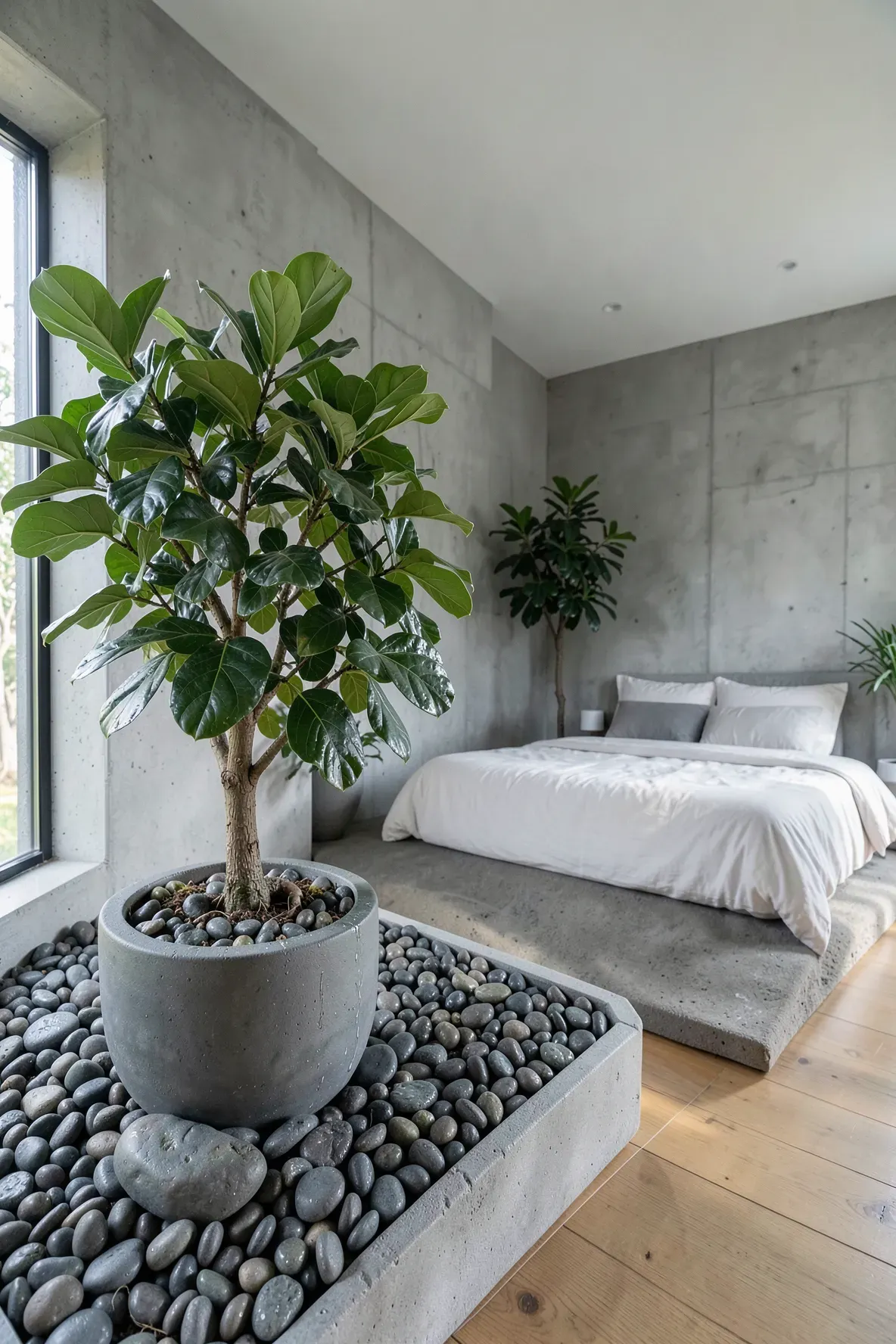 Smooth grey river stones covering the soil of a large indoor plant in a bedroom.