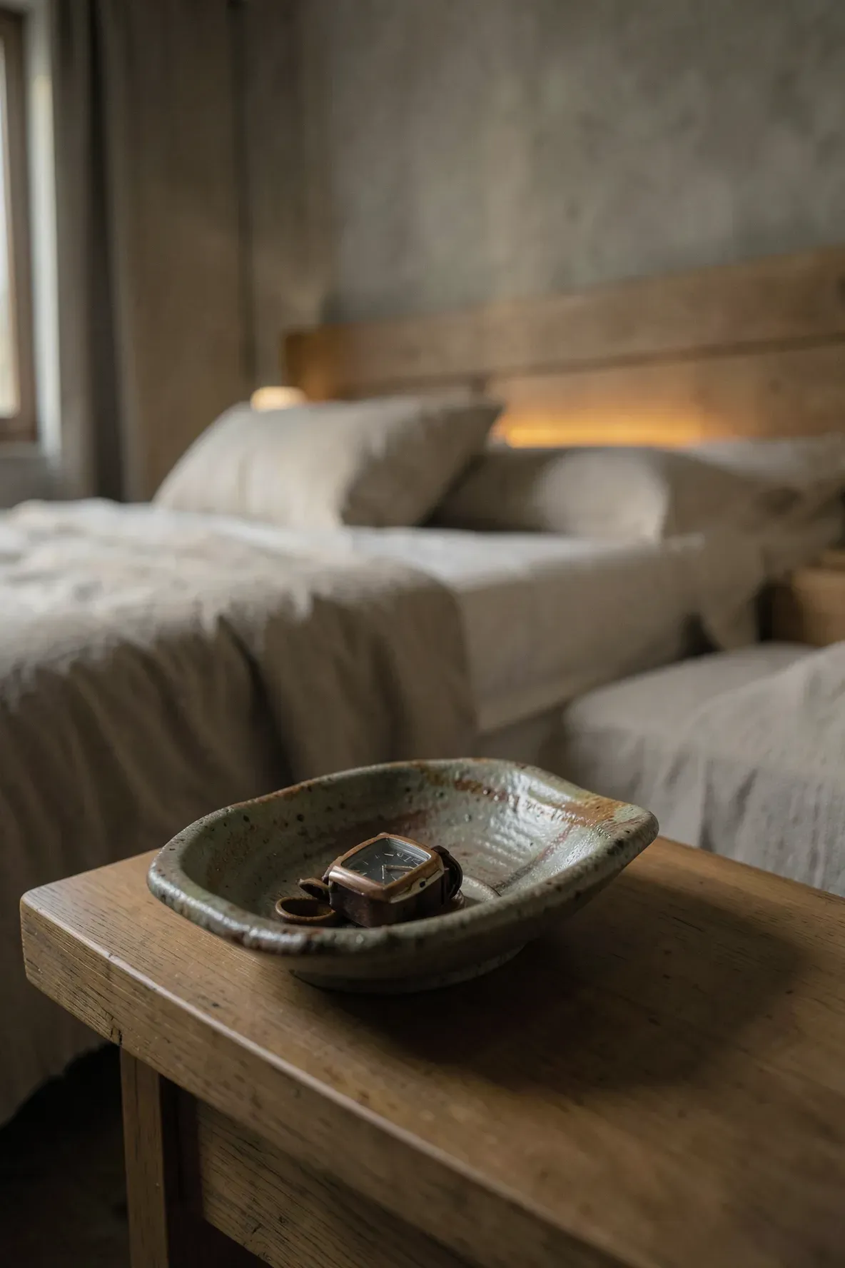 A handmade ceramic bowl sitting on a wooden nightstand in a peaceful bedroom.