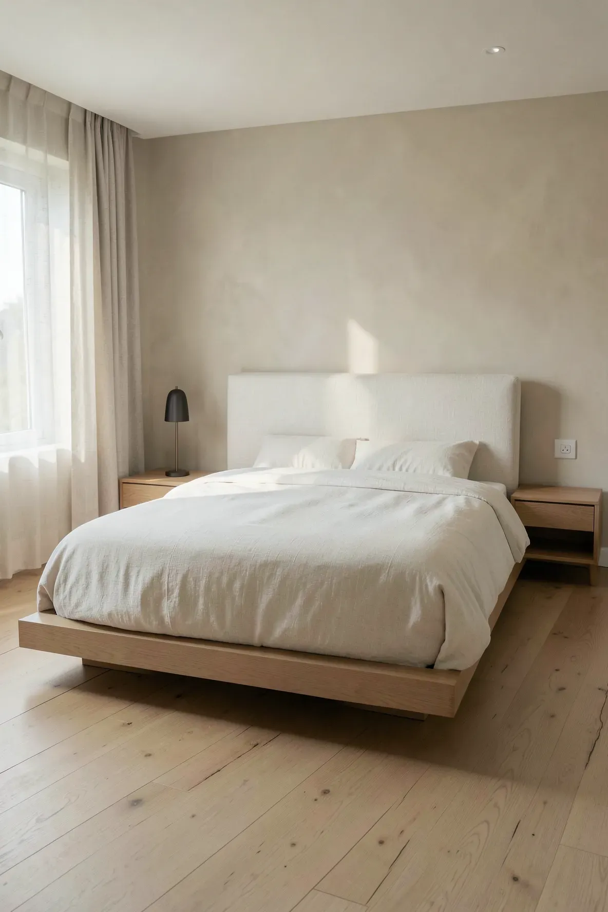 A minimalist bedroom featuring a simple rectangular cream linen headboard and light wood furniture.