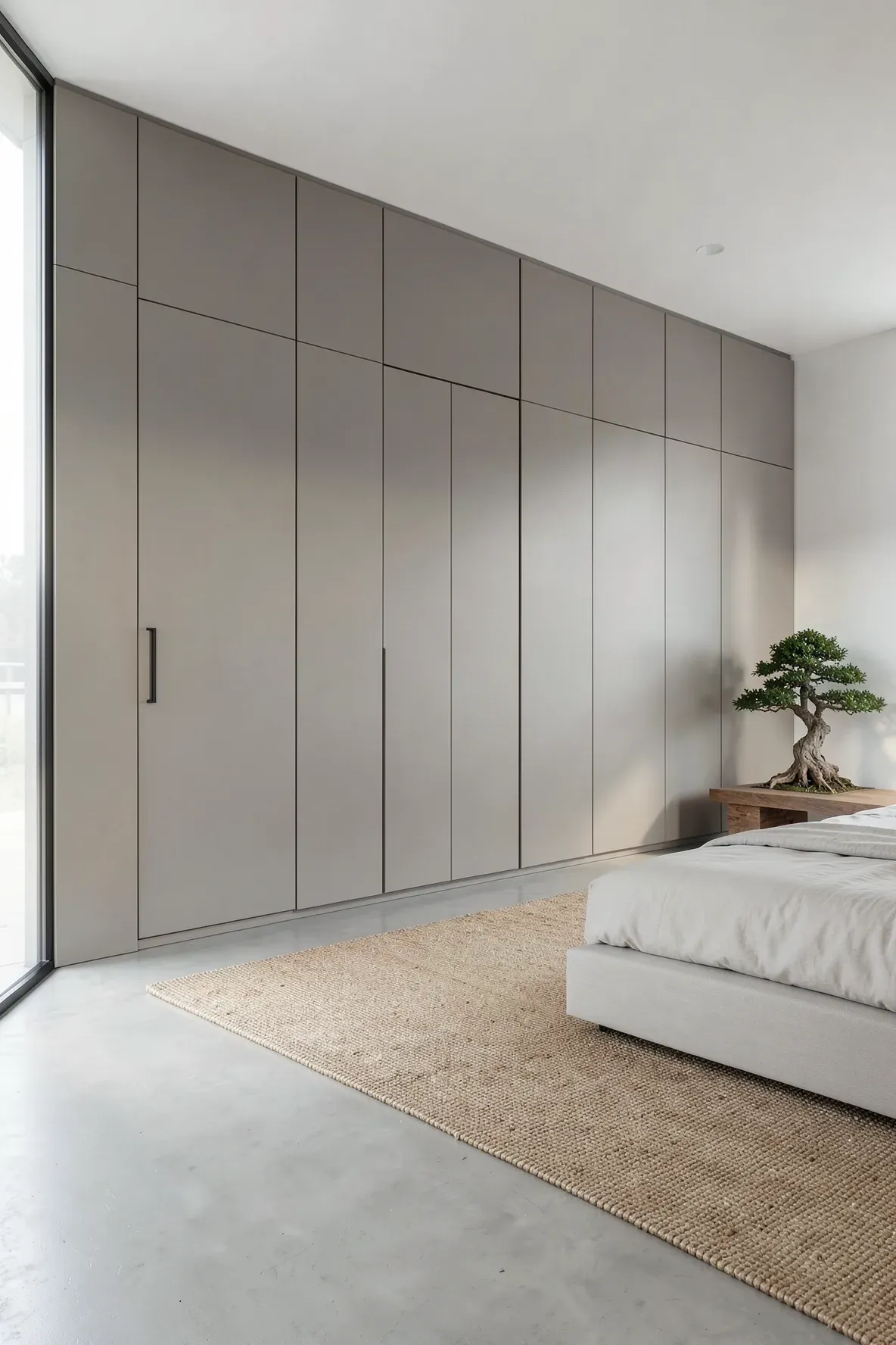 Seamless floor-to-ceiling handle-less wardrobes in a minimalist modern Zen bedroom.