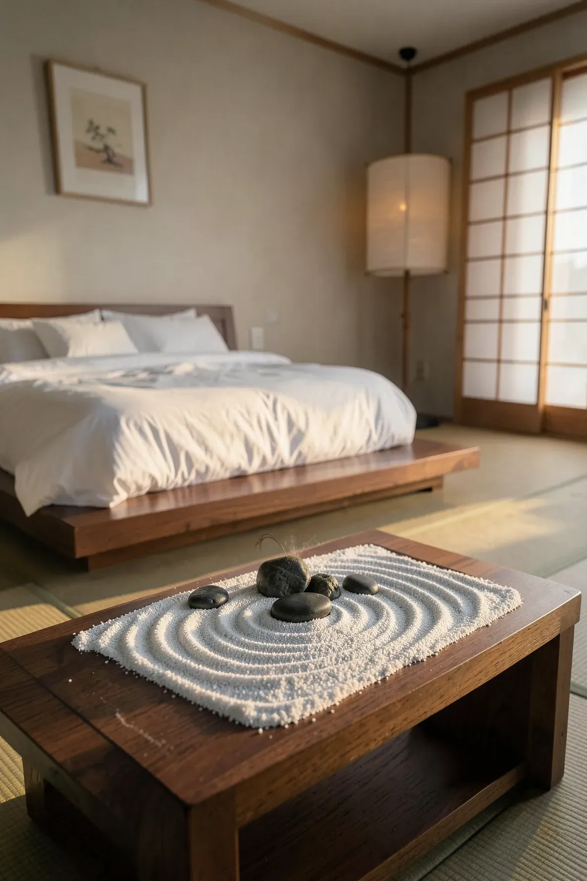 A small Zen rock garden with raked sand on a wooden side table in a minimalist bedroom.