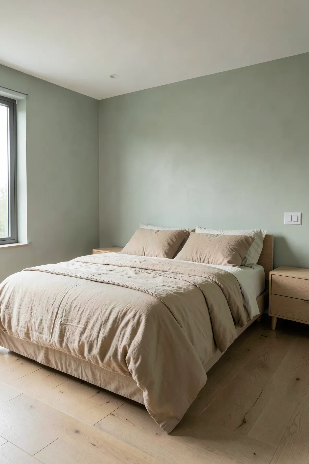 A peaceful bedroom with matte sage green walls and a bed with rumpled tan linen sheets.