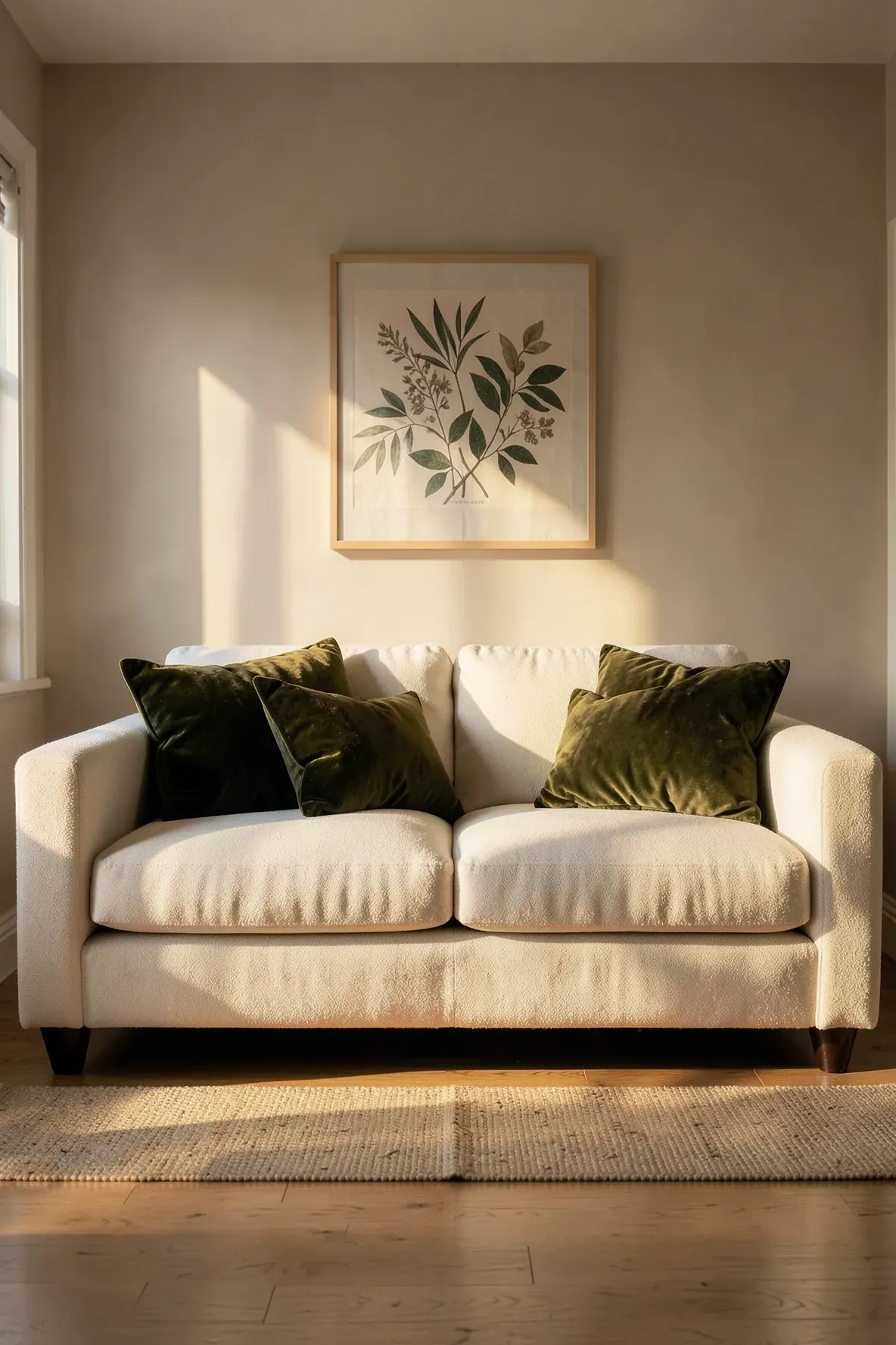 Deep olive velvet pillows on a cream sofa in a warm earthy bedroom setting.