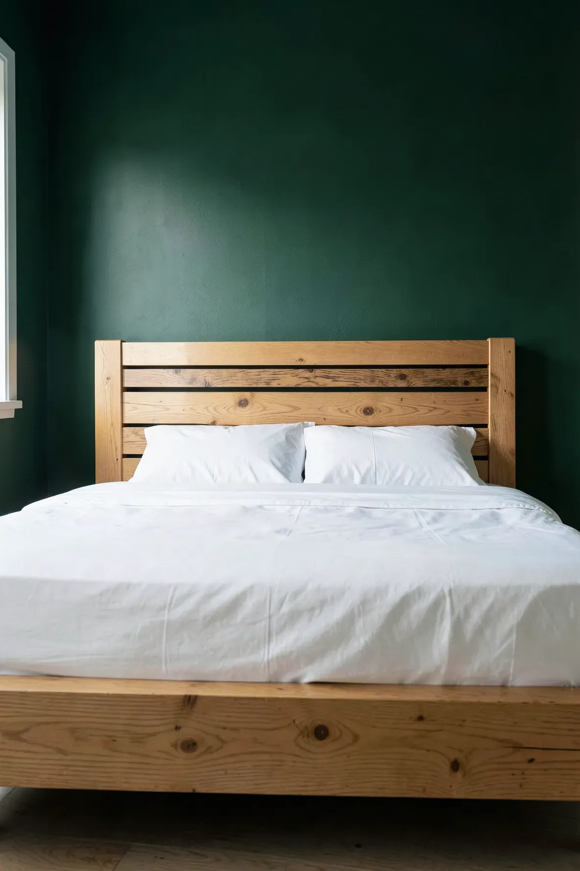 A light oak bed frame against a dark forest green wall in a modern earthy bedroom.
