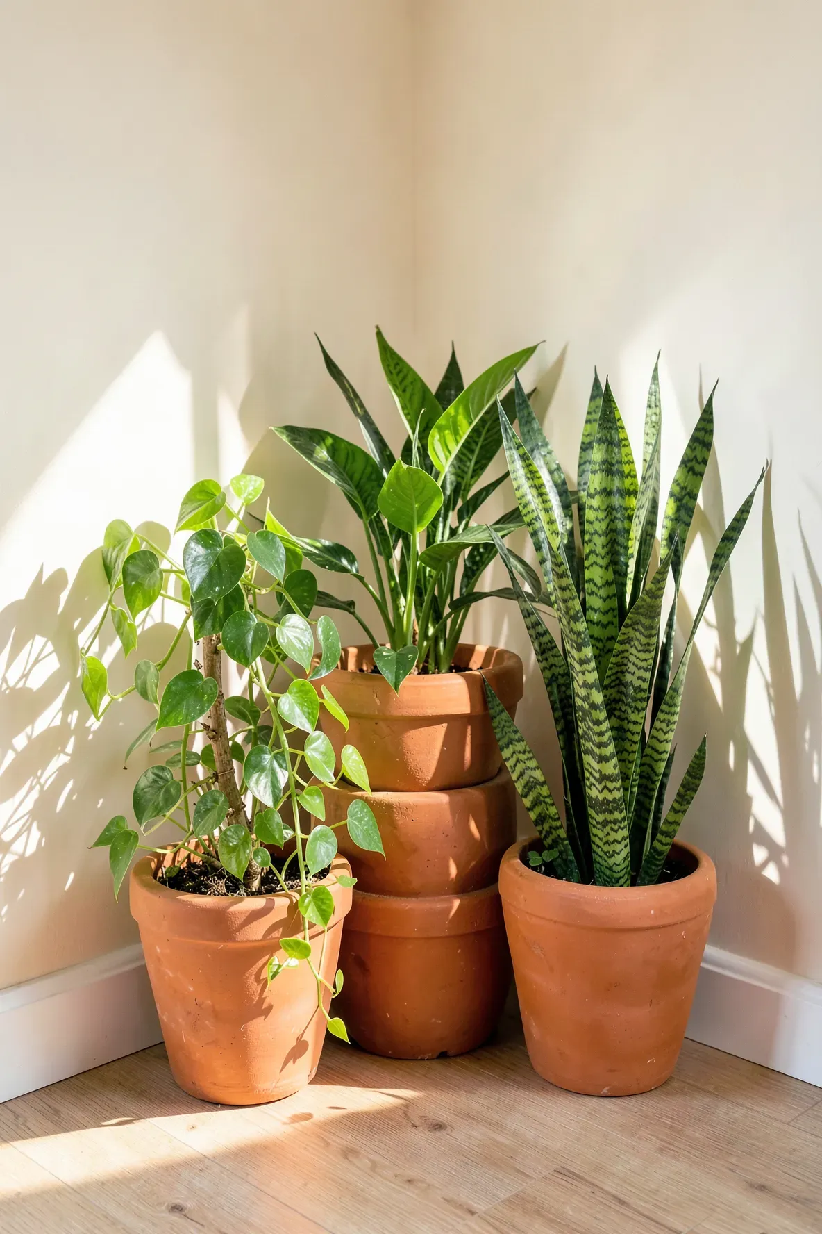 Terracotta pots with green plants in a sunlit corner of an earthy bedroom.