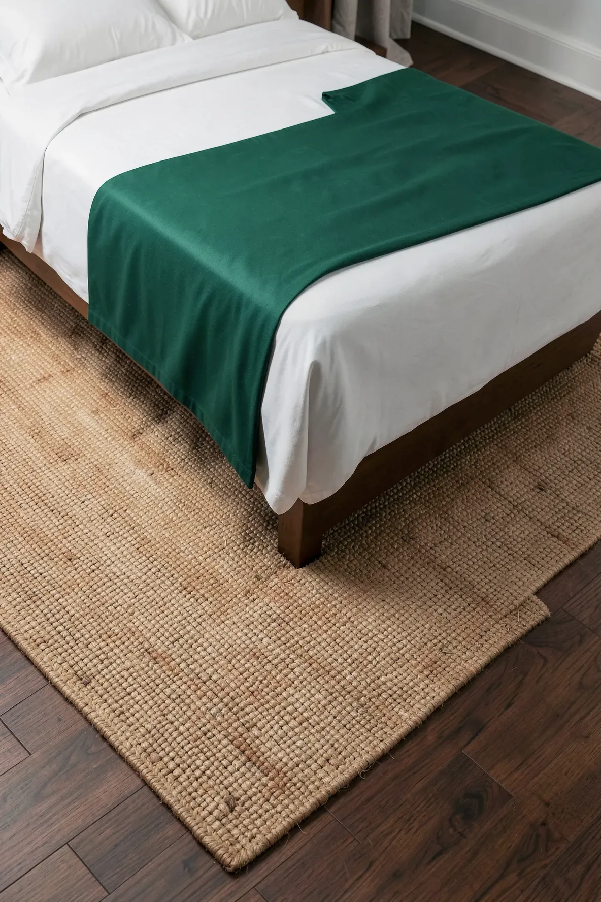 A textured jute rug under a bed with a bright emerald green runner.
