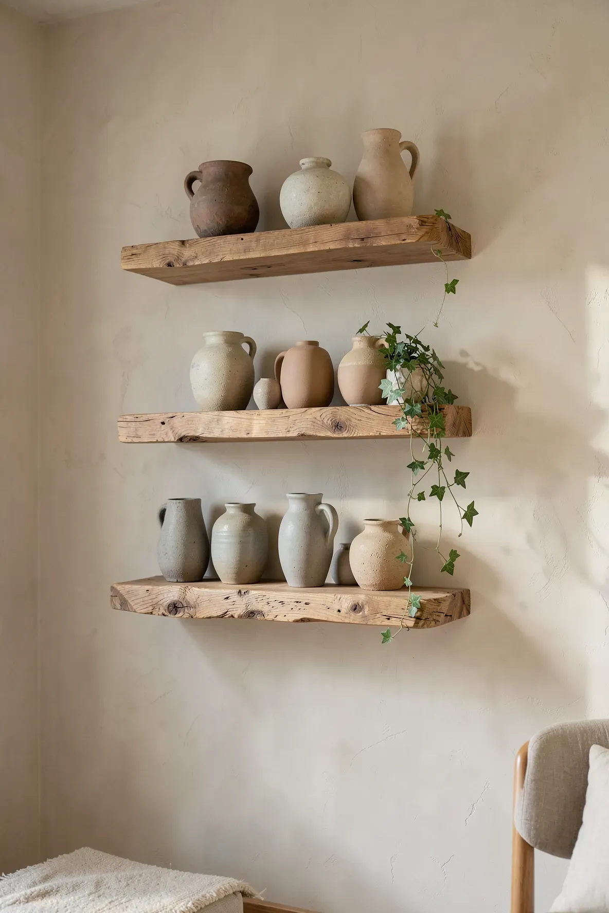 Raw wood floating shelves with ceramic vases and a small green plant on a beige wall.