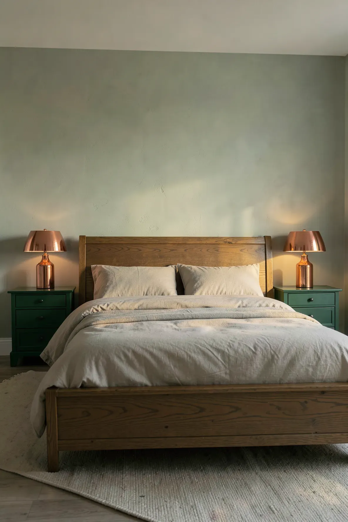 A wide shot of a bedroom with copper lamps on dark green nightstands against sage walls.