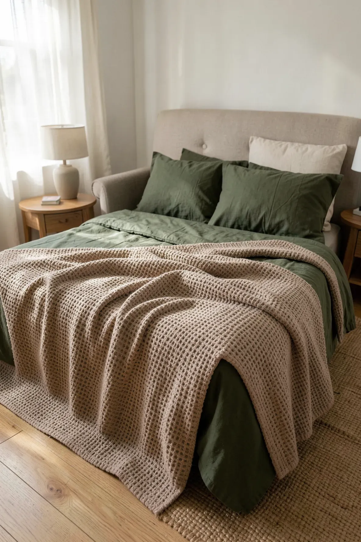 Full view of a bed with light brown waffle knit blankets layered over green linen sheets.
