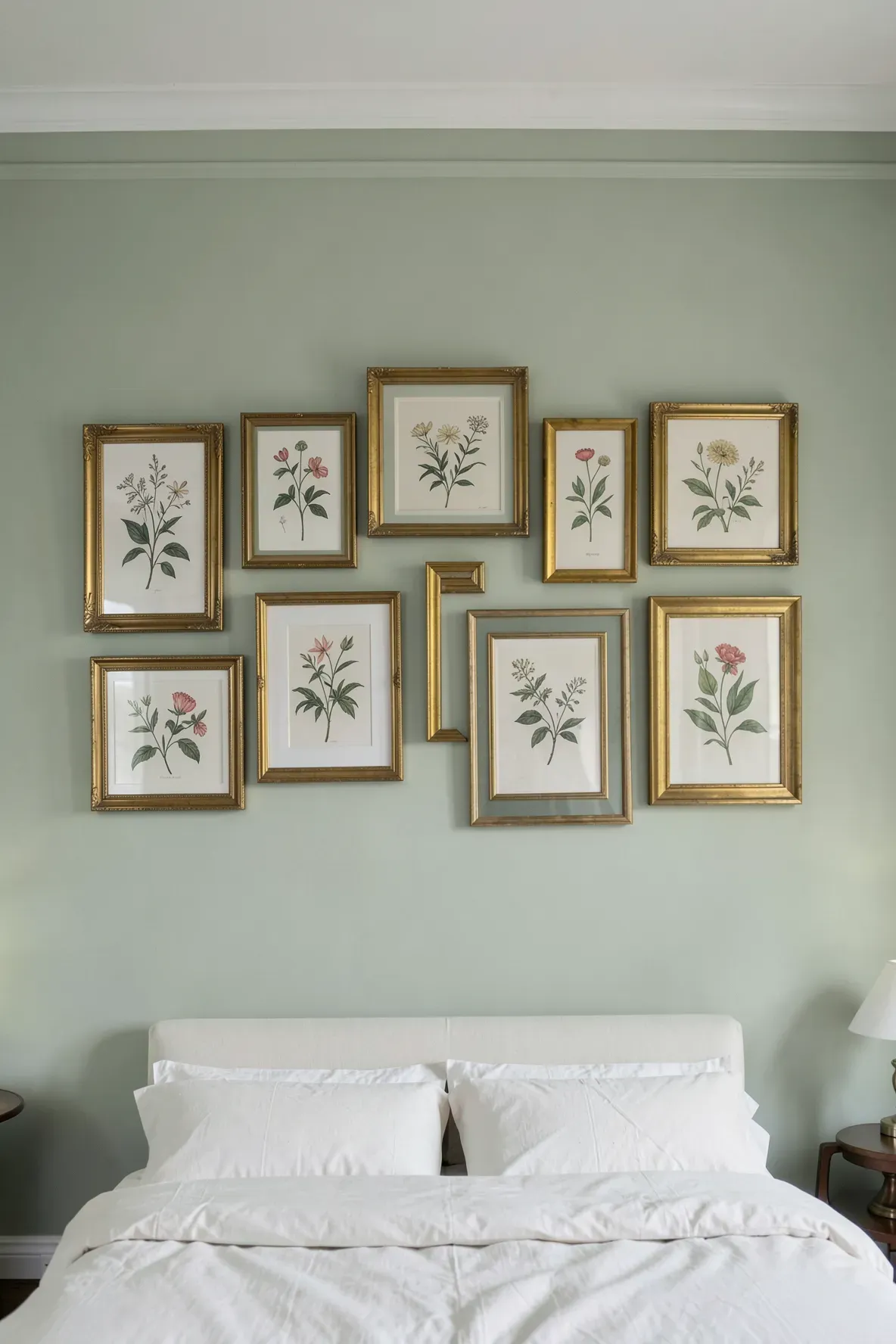 A bedroom wall painted soft eucalyptus green featuring a gallery of antique brass frames.