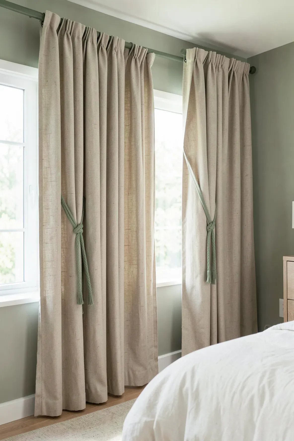 Wide view of a bedroom window with beige curtains and sage green tiebacks in a bright room.
