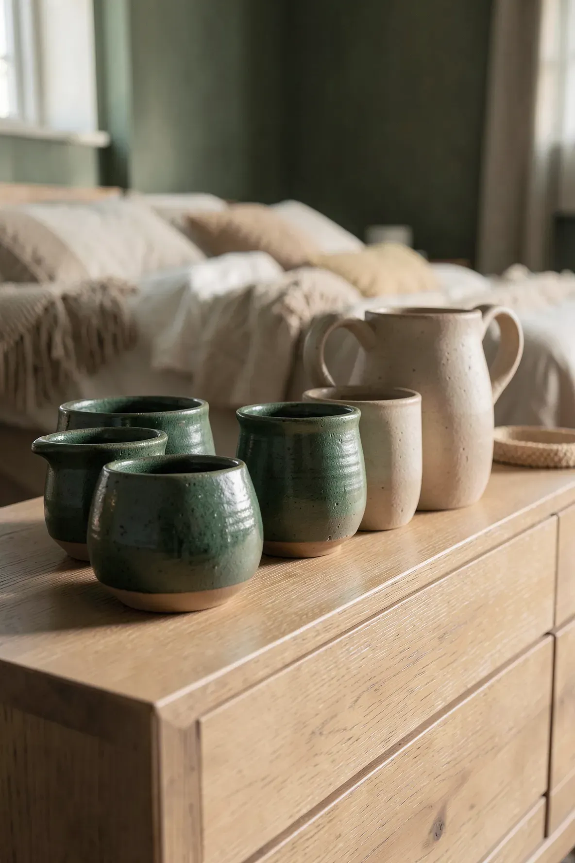 Hand-thrown sand and pine toned pottery displayed on a wooden dresser in an earthy bedroom.