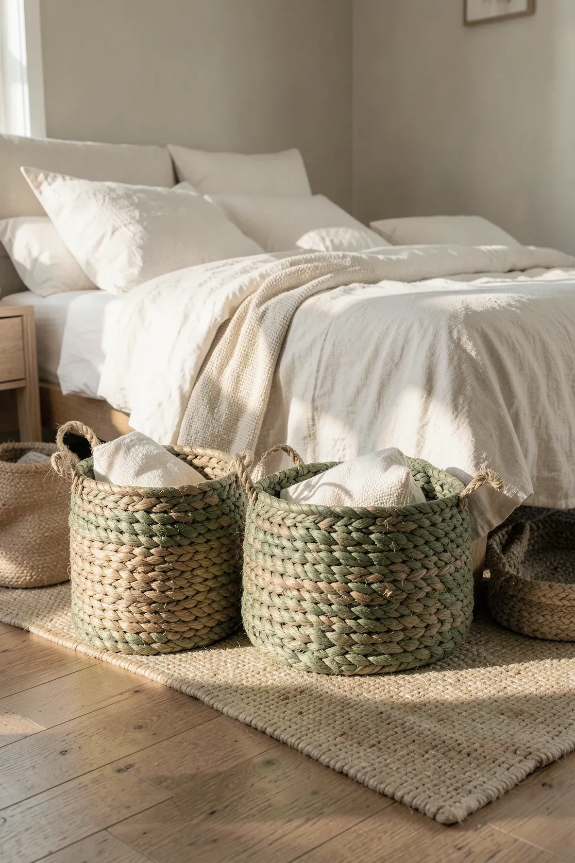 Braided seagrass baskets for pillow storage at the foot of a bed in an earthy bedroom.