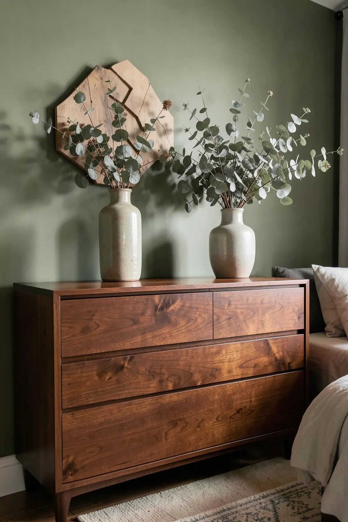 A rich walnut dresser topped with dried eucalyptus in a sophisticated green bedroom.