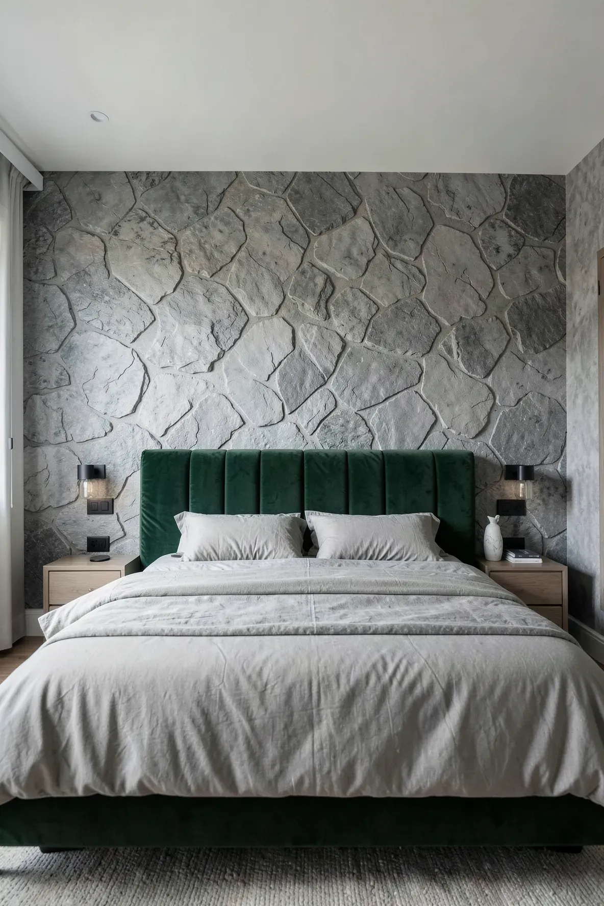 A modern bedroom featuring stone gray textured wallpaper behind a plush forest green headboard.