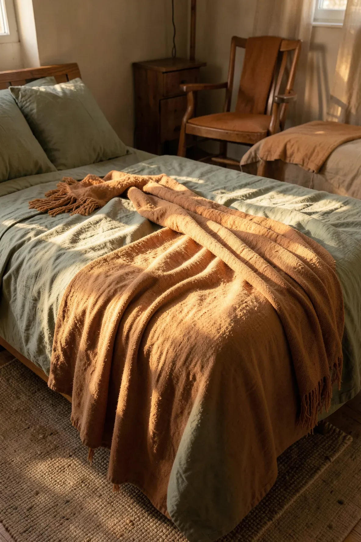 A faded ochre throw blanket draped over a bed with green linens in a warm earthy bedroom.
