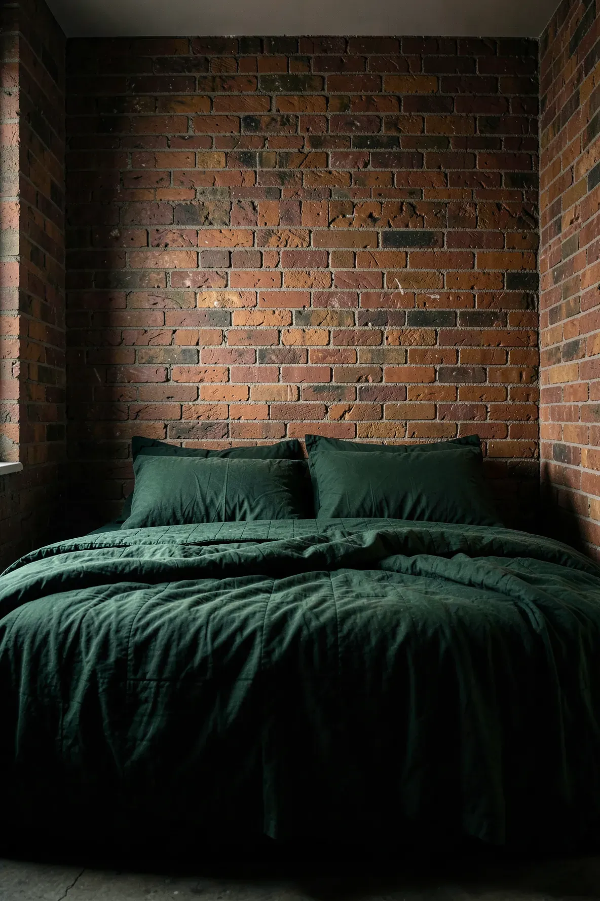 A dark green bed set against a rugged exposed brick accent wall in a cozy bedroom.