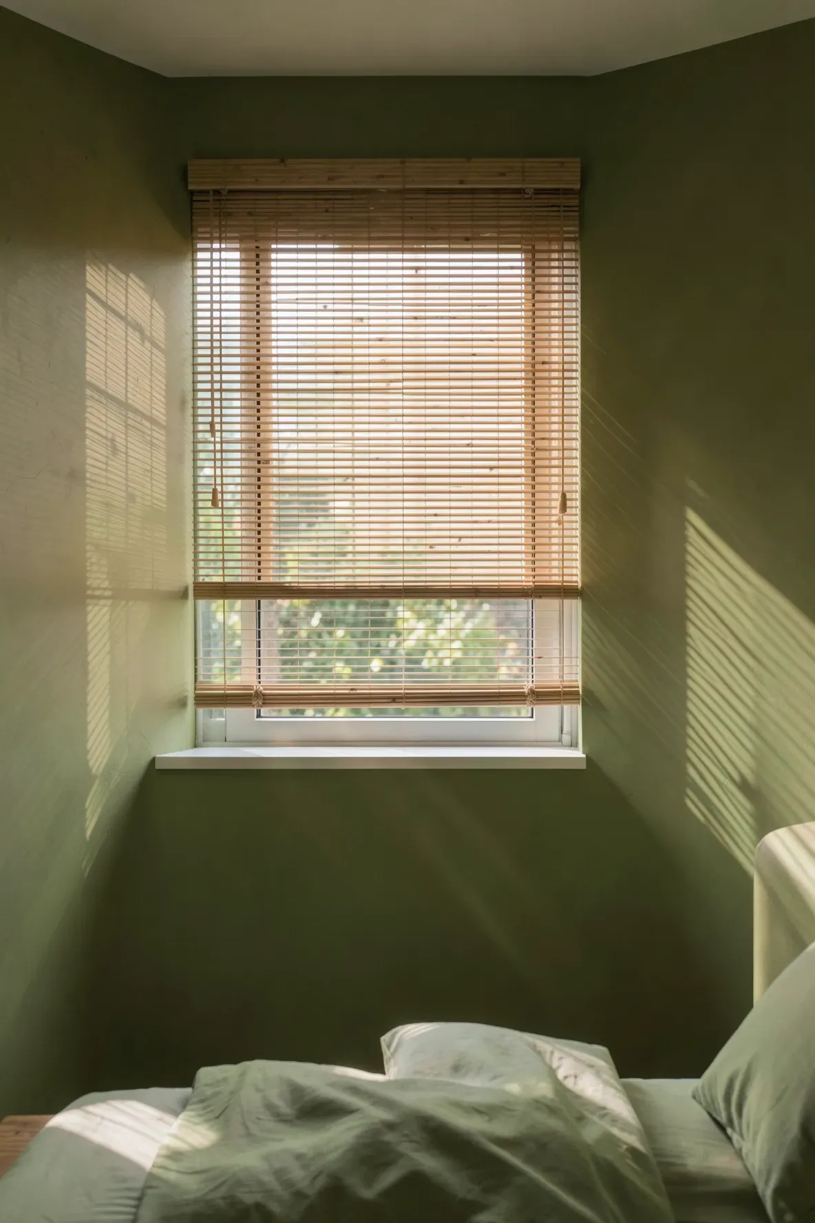 Natural bamboo window blinds filtering sunlight into a warm olive green bedroom.