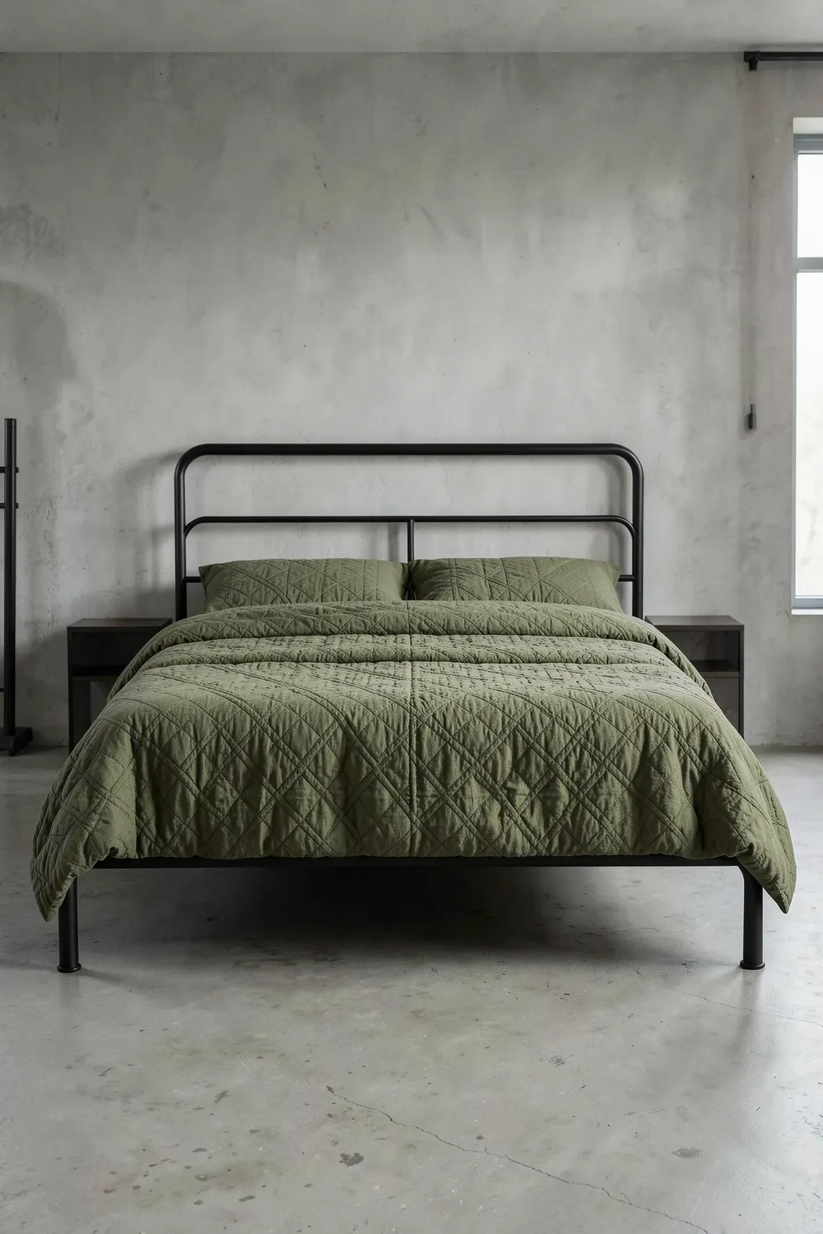 A matte black metal bed frame with olive green quilts in a modern earthy bedroom.