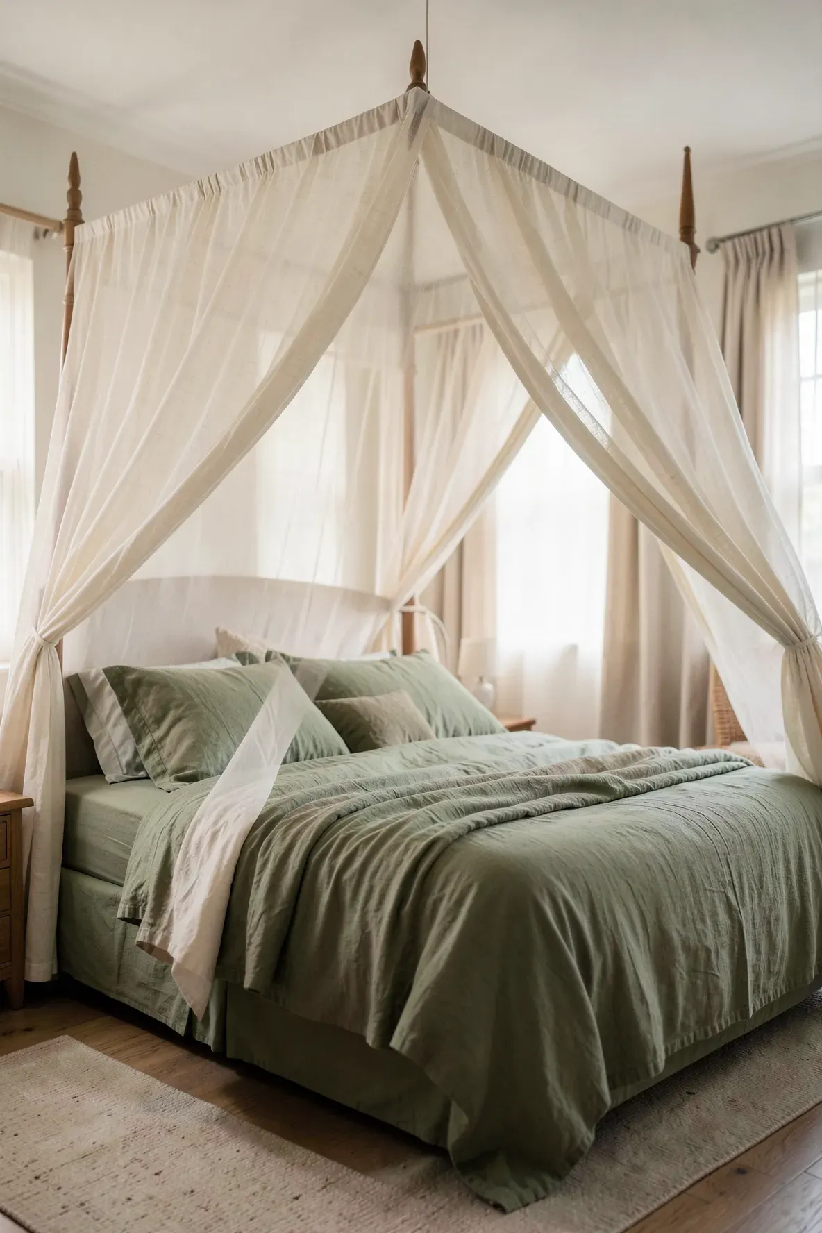 A sheer cream canopy draped over a bed with green linens in a dreamy earthy bedroom.