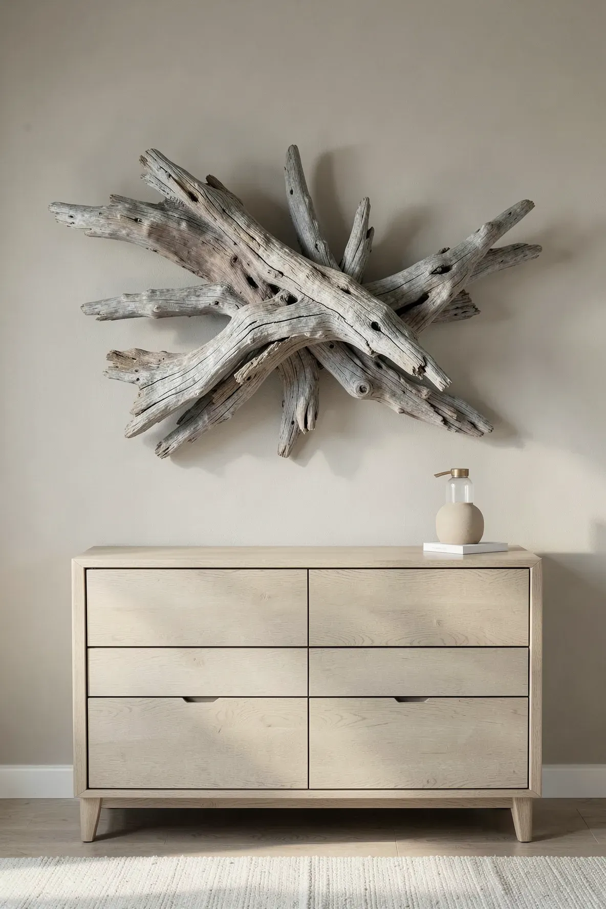 A sculptural driftwood wall art piece mounted above a light wood dresser in a neutral bedroom.