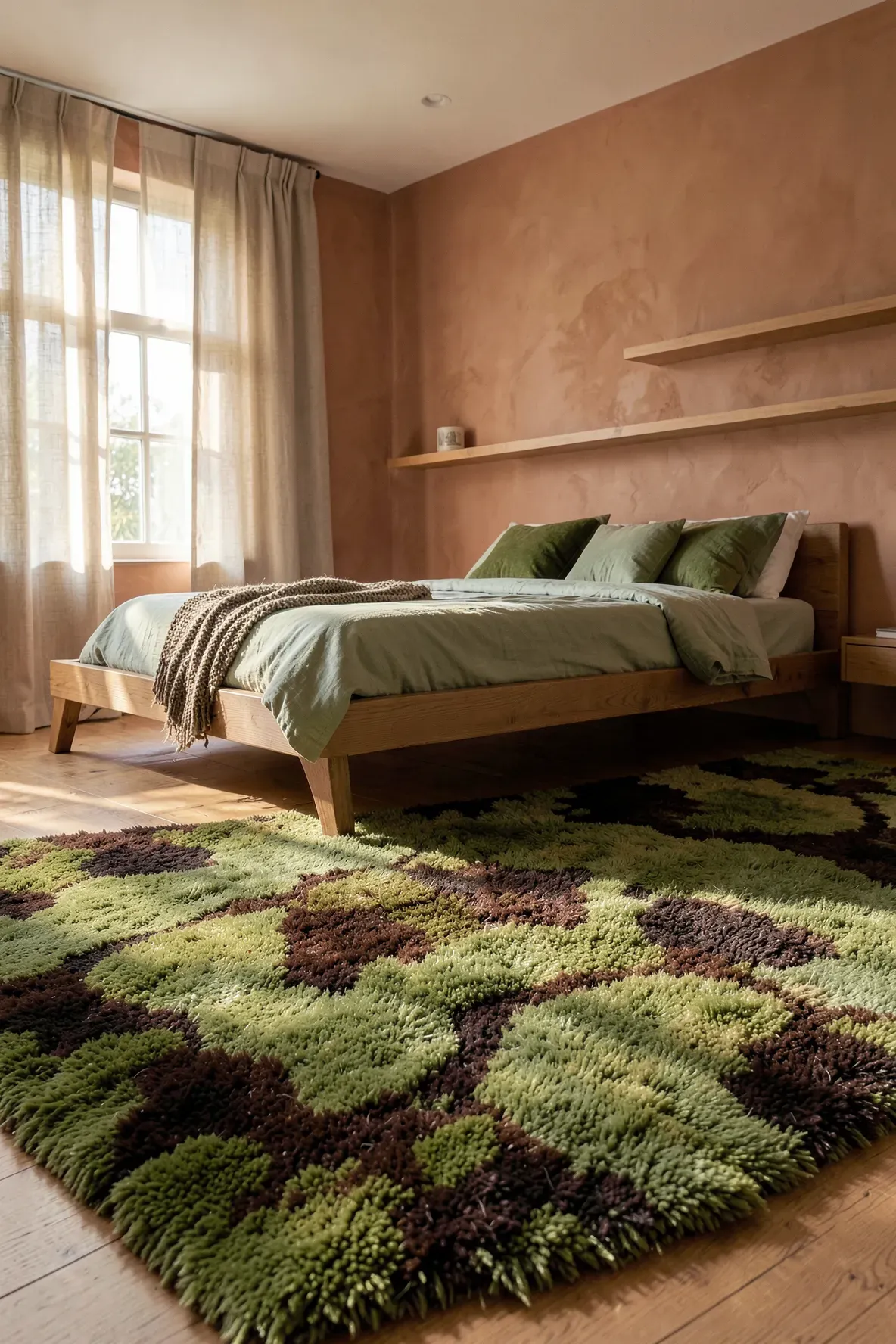 A wide-angle view of a cozy bedroom with a thick green and brown wool rug on a wooden floor.