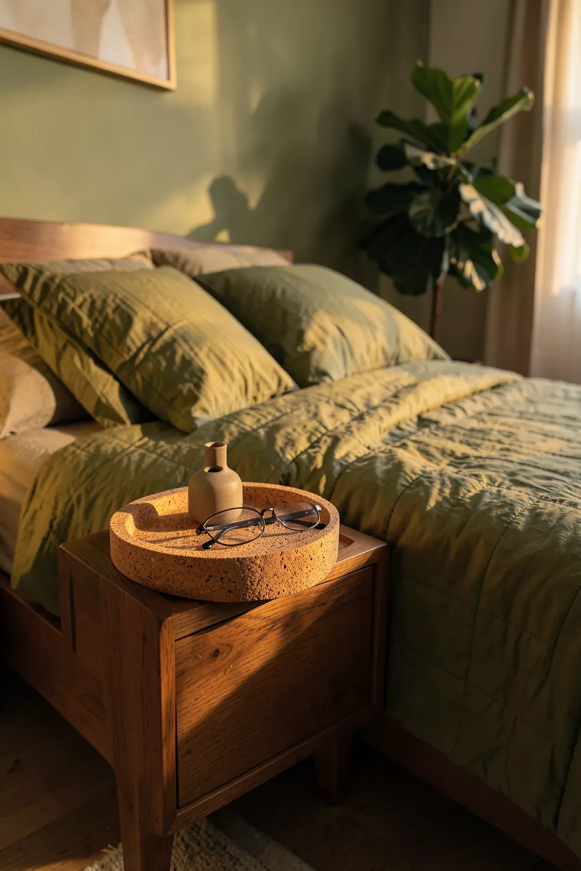 A sustainable cork tray on an oak nightstand in a warm bedroom with green bedding and plants.