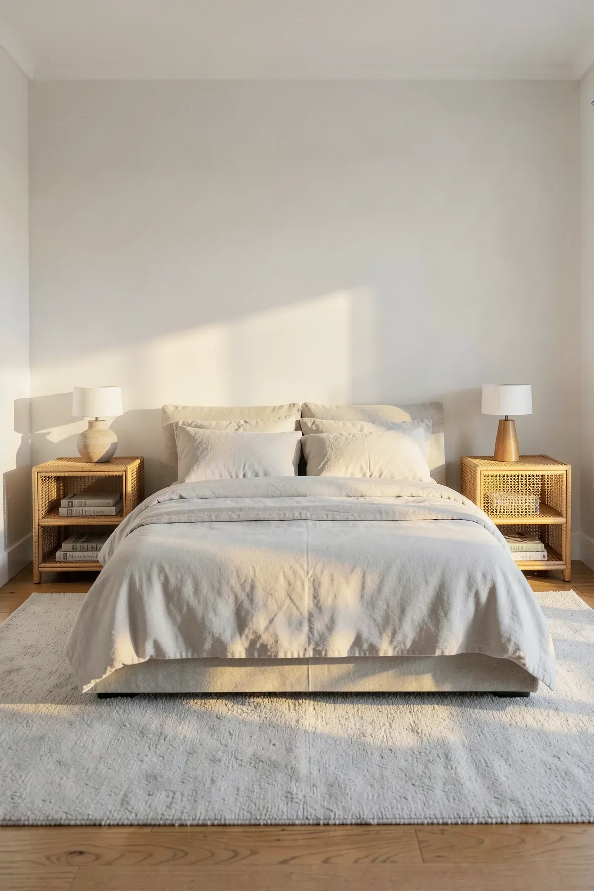 A pair of rattan nightstands with open shelves in a bright, modern bedroom setting.