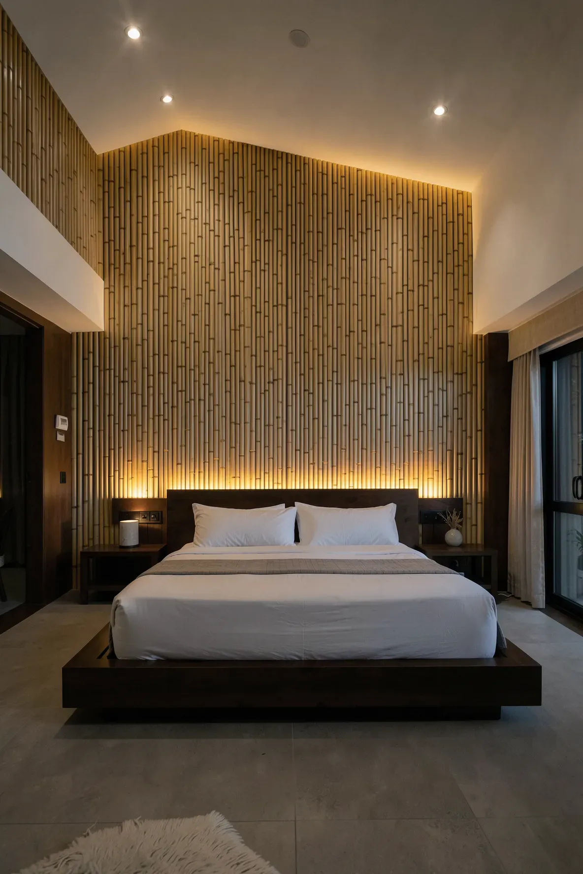 A bedroom featuring a vertical bamboo slat accent wall with soft integrated LED backlighting.