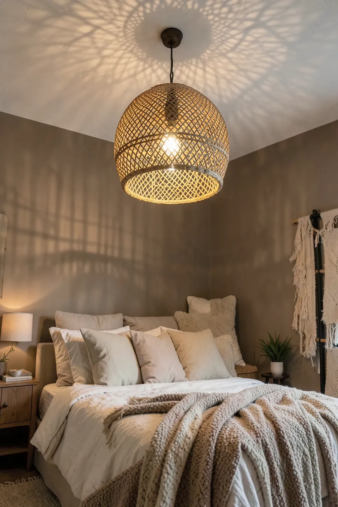 A large rattan pendant light casting warm, patterned shadows in a cozy bedroom.