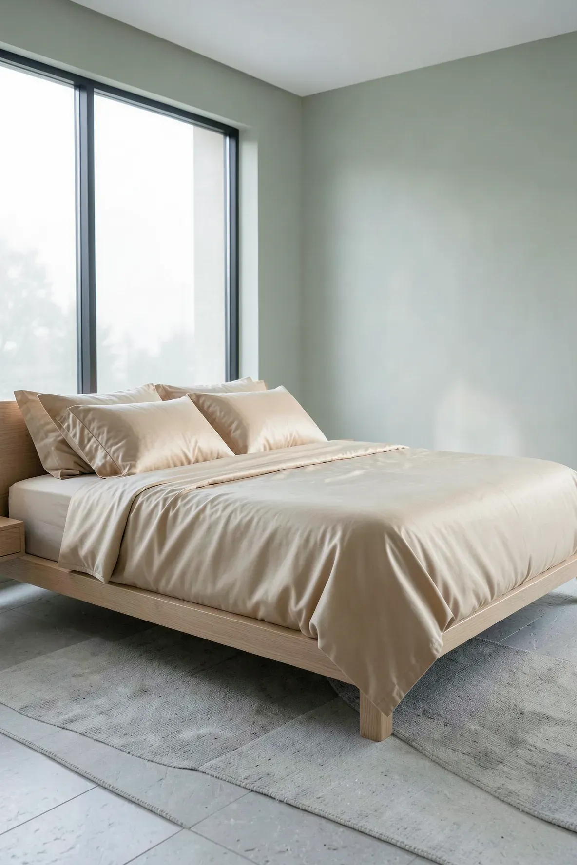 A bed dressed in soft, silky bamboo fiber sheets in a minimalist, sunlit bedroom.