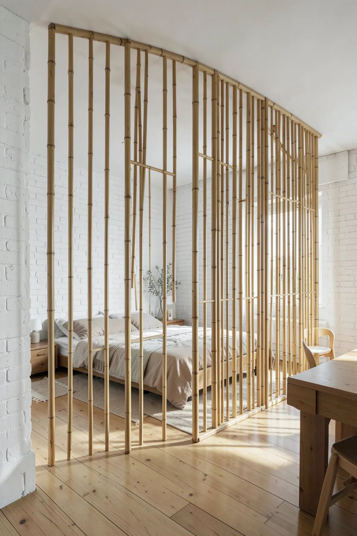 A floor-to-ceiling bamboo room divider separating a sleeping area in a bright studio.