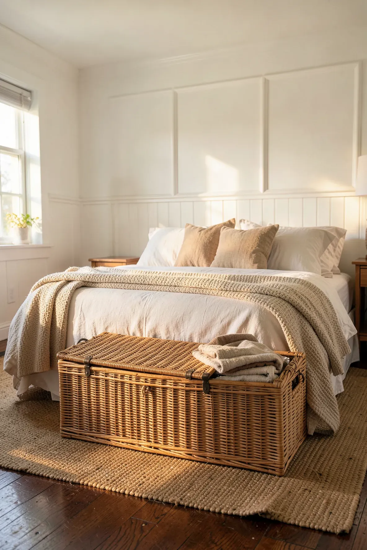 A hand-woven rattan storage trunk sitting at the foot of a bed in a cozy bedroom.