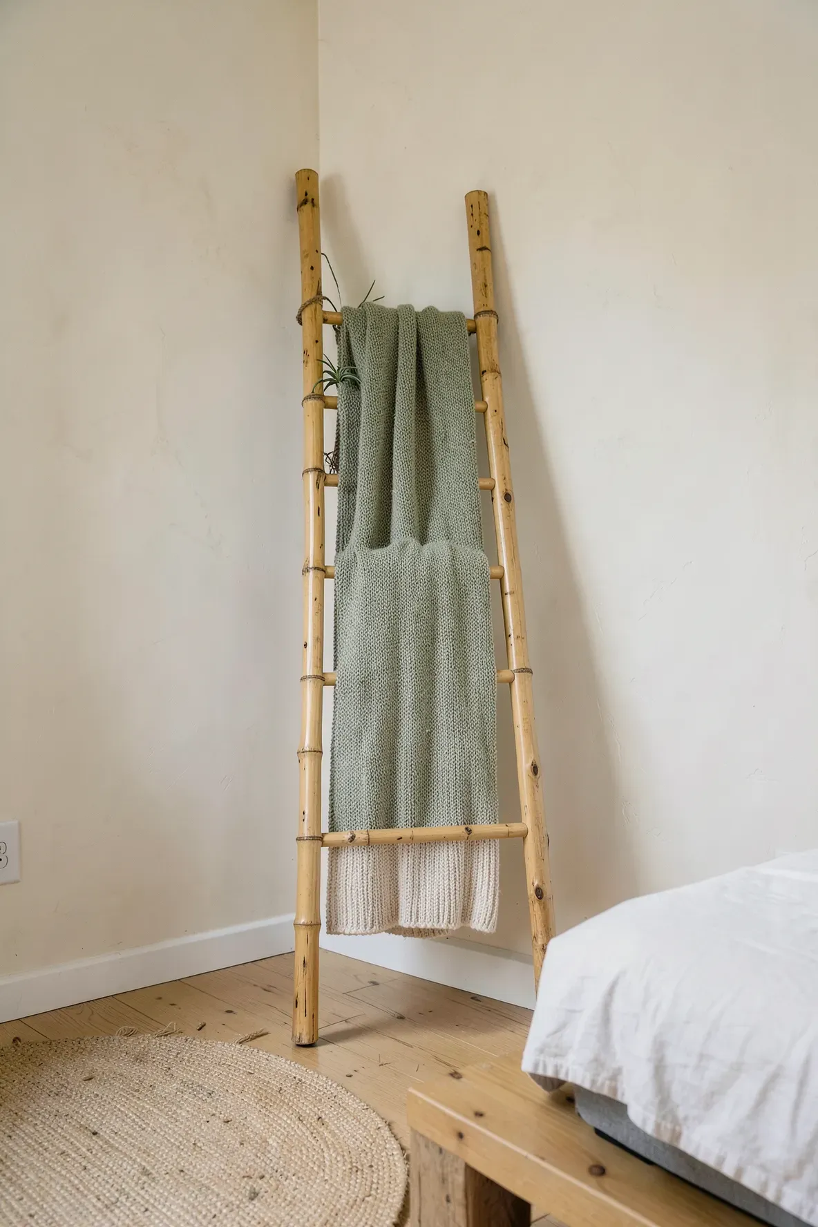 A natural bamboo ladder leaning against a bedroom wall holding soft folded blankets.