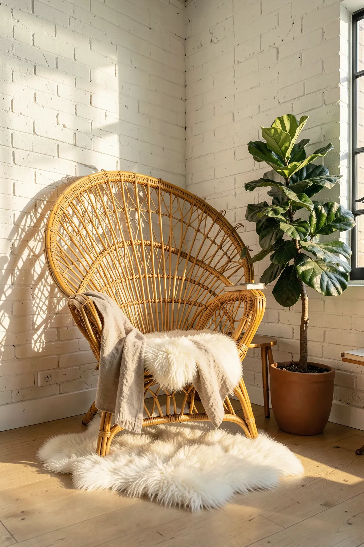 An intricate rattan peacock chair in a sunlit bedroom corner with a sheepskin rug.