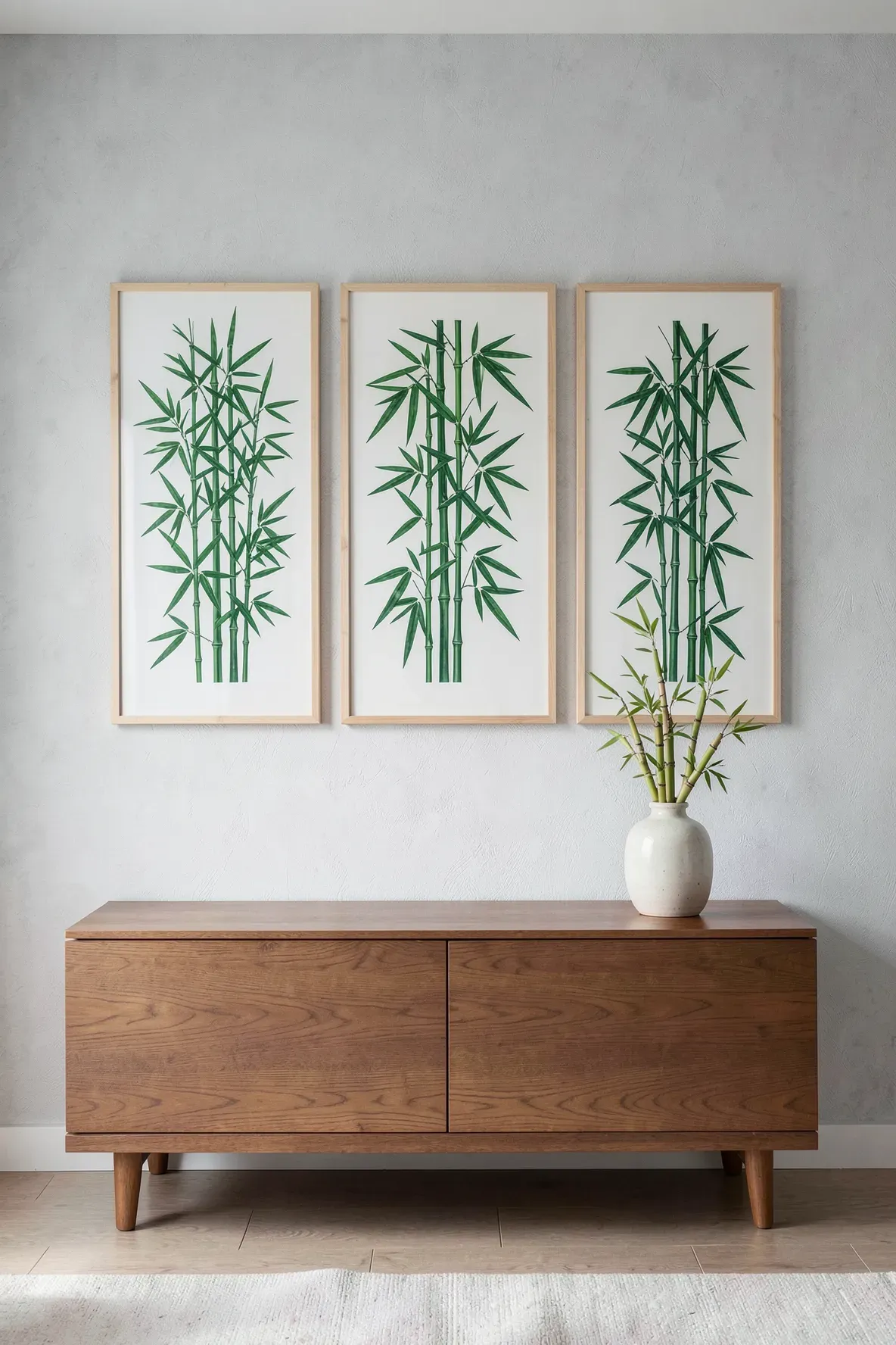 Three framed botanical prints of bamboo leaves hanging on a minimalist bedroom wall.