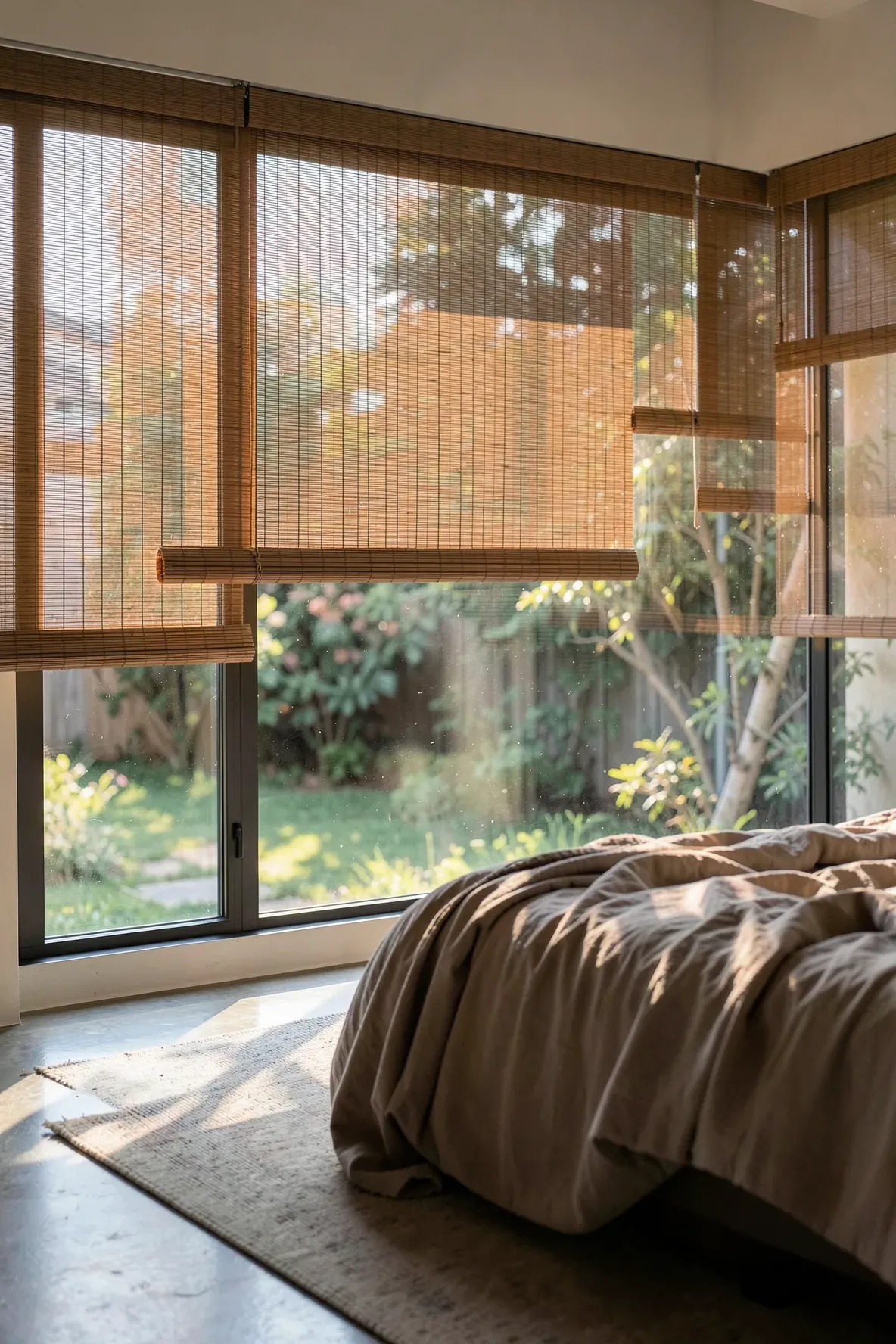 Natural bamboo roller blinds on a window creating dappled light patterns in a bedroom.