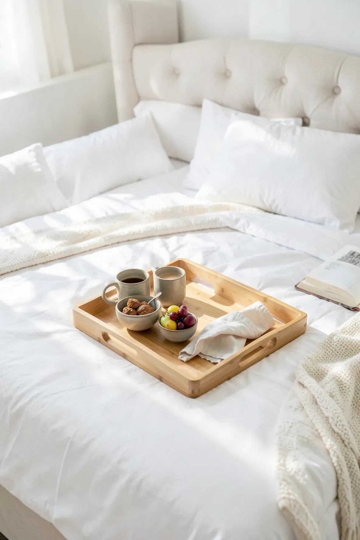 A bamboo tray with coffee and fruit sitting on a white bed with soft linens.