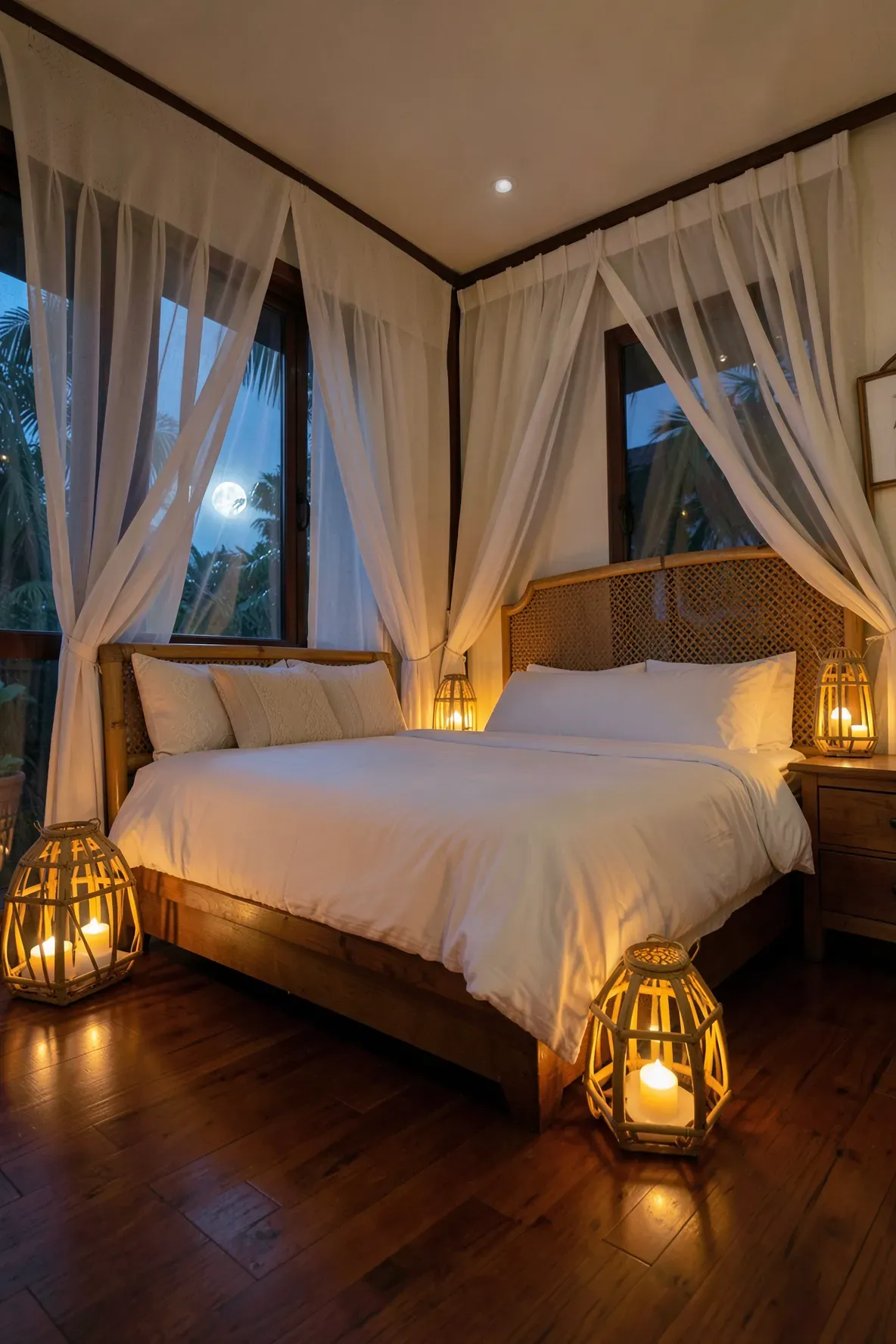 Warm bamboo lanterns with LED candles illuminating a relaxing tropical bedroom at night.