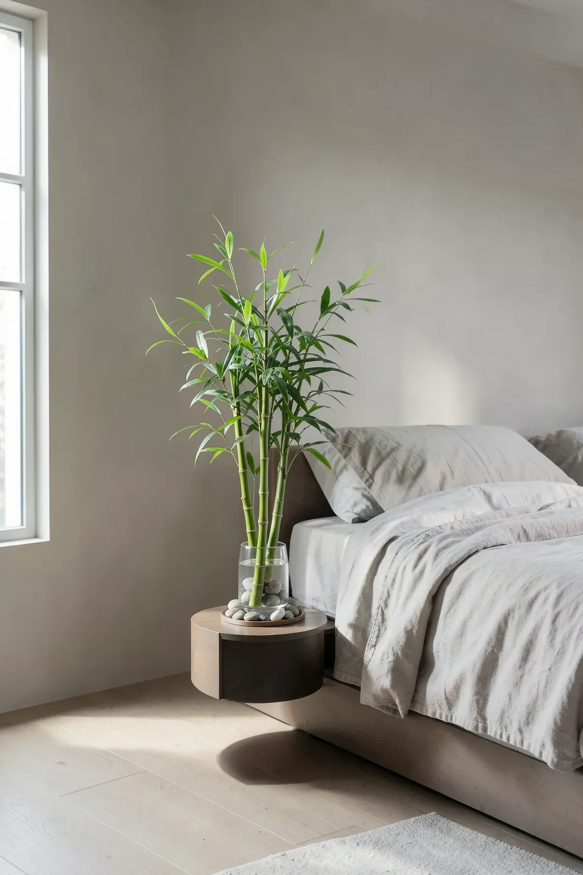 A fresh lucky bamboo plant in a glass vase on a nightstand in a bright, modern bedroom.