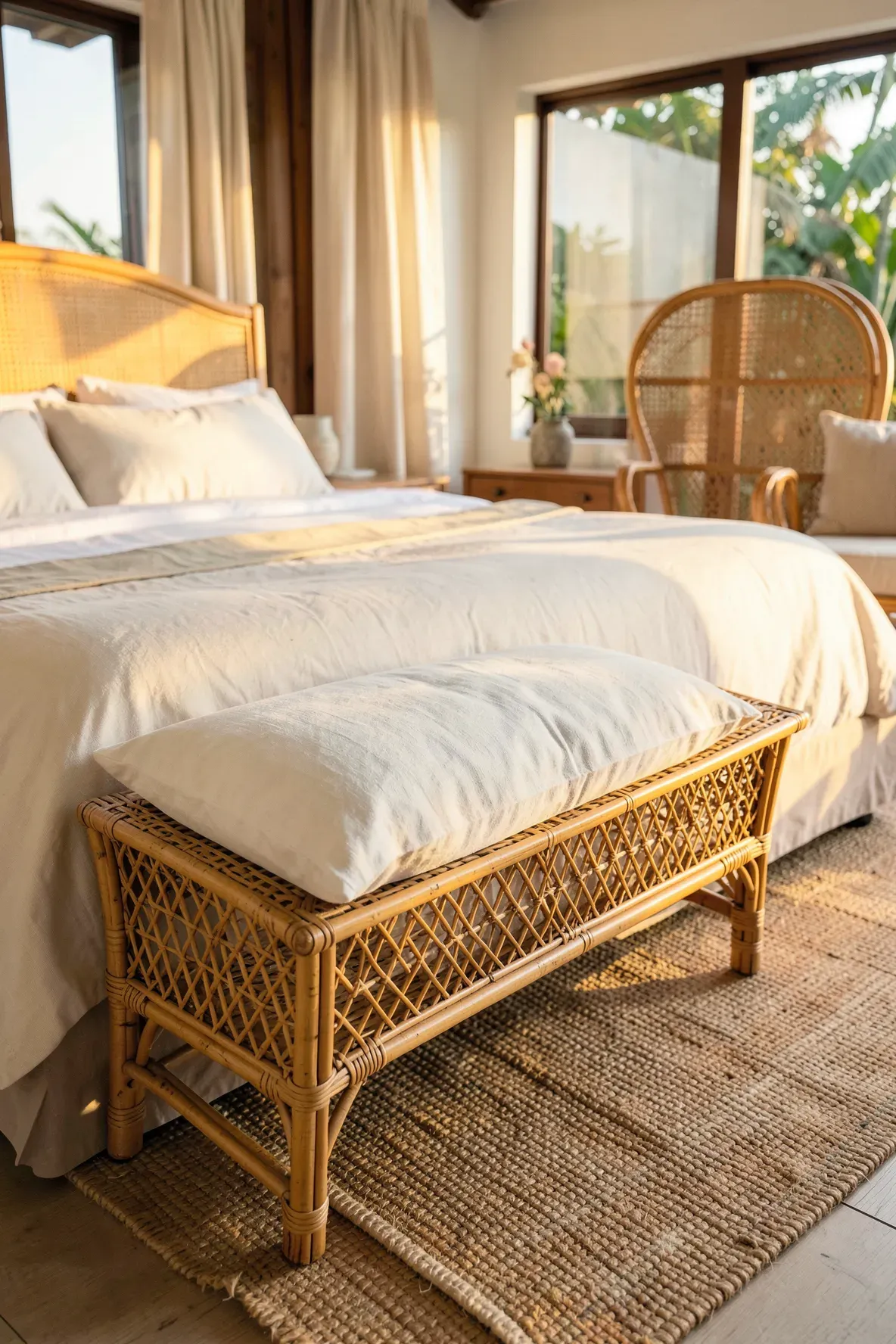 A stylish rattan bench with a white cushion at the end of a bed in a sunny room.