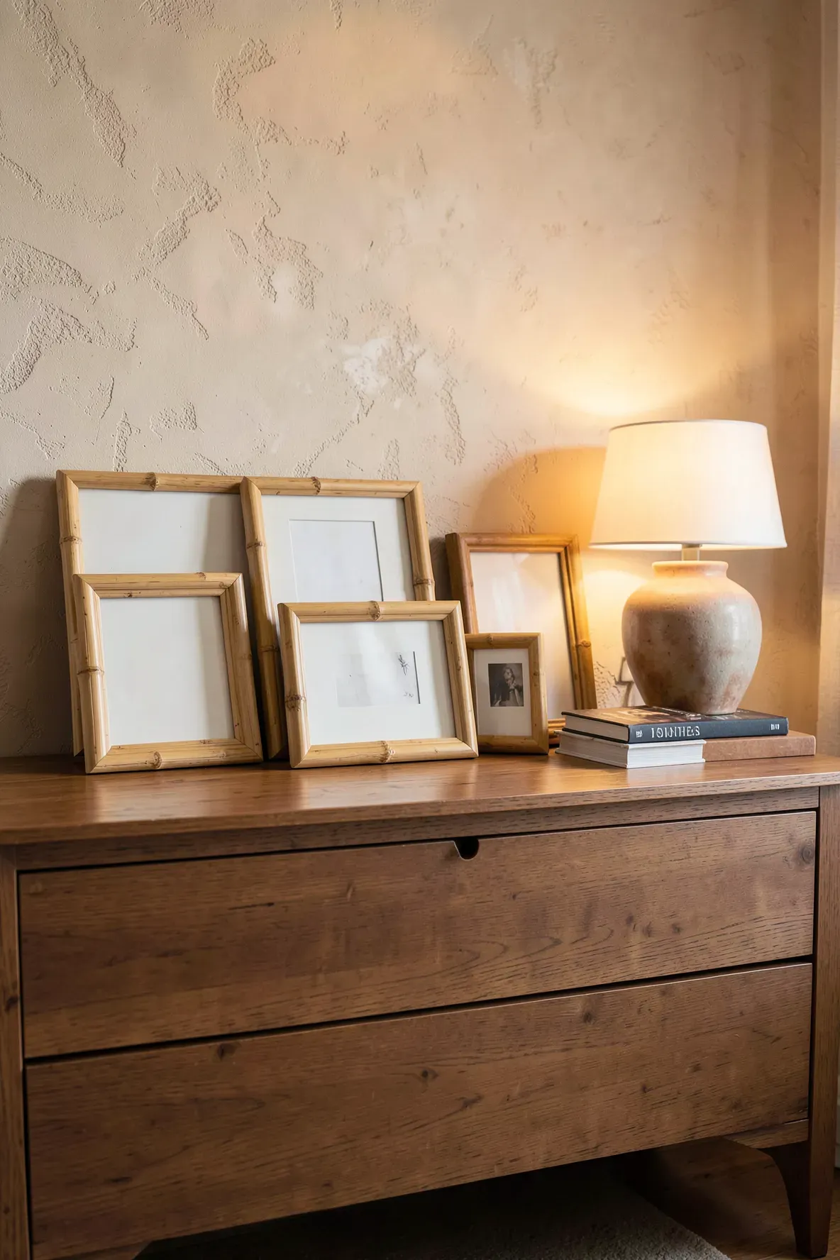 A collection of natural bamboo photo frames on a dresser in a cozy, well-lit bedroom.