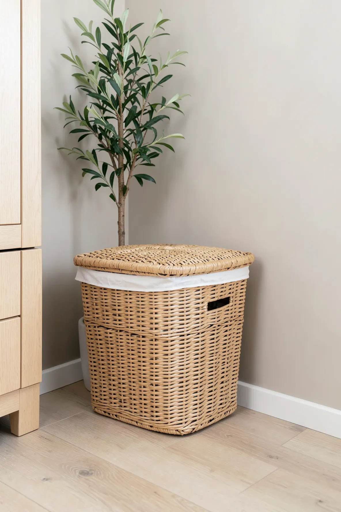 A stylish woven rattan laundry basket with a lid in the corner of a clean, modern bedroom.