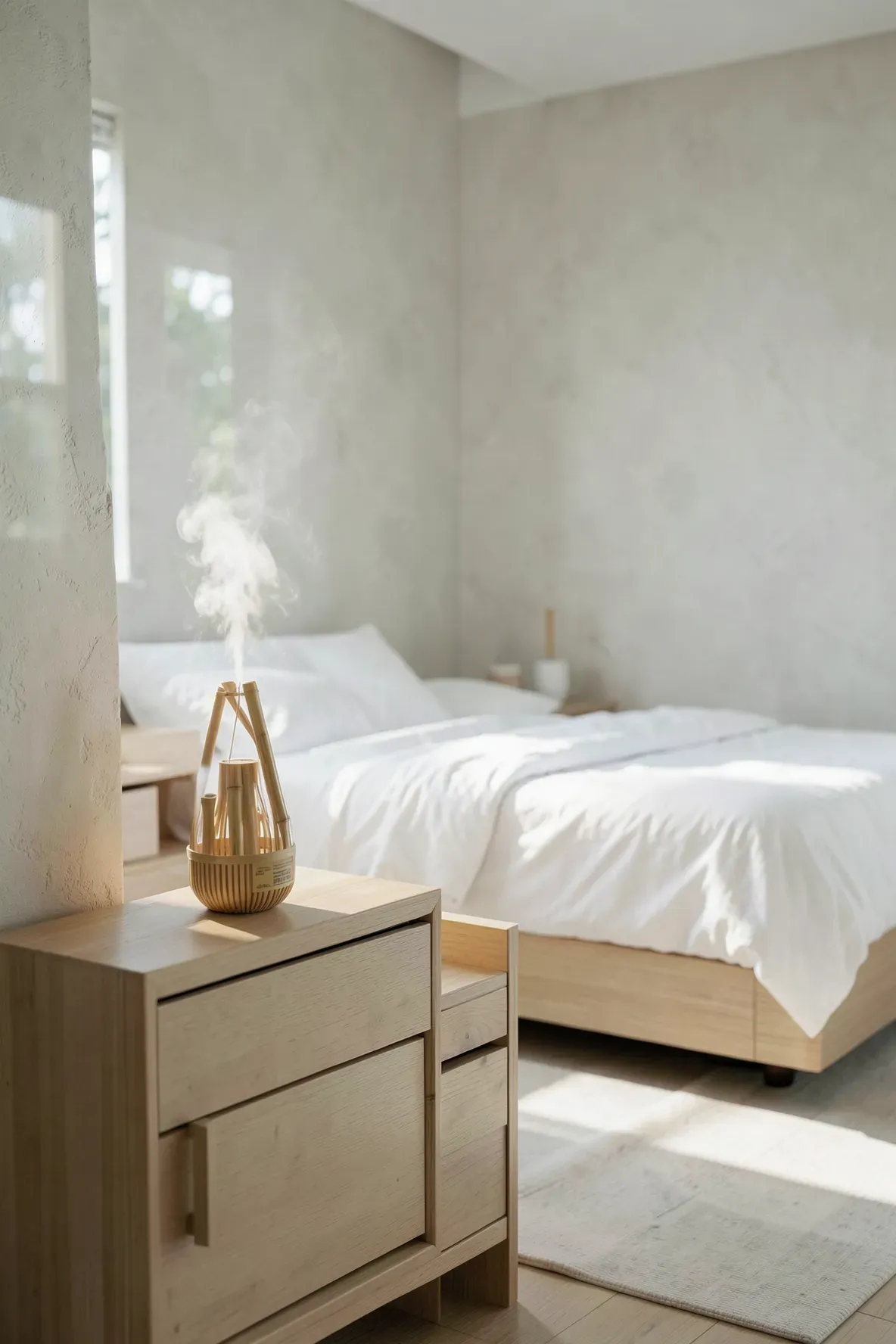 A bamboo essential oil diffuser on a nightstand in a bright, minimalist Zen bedroom.