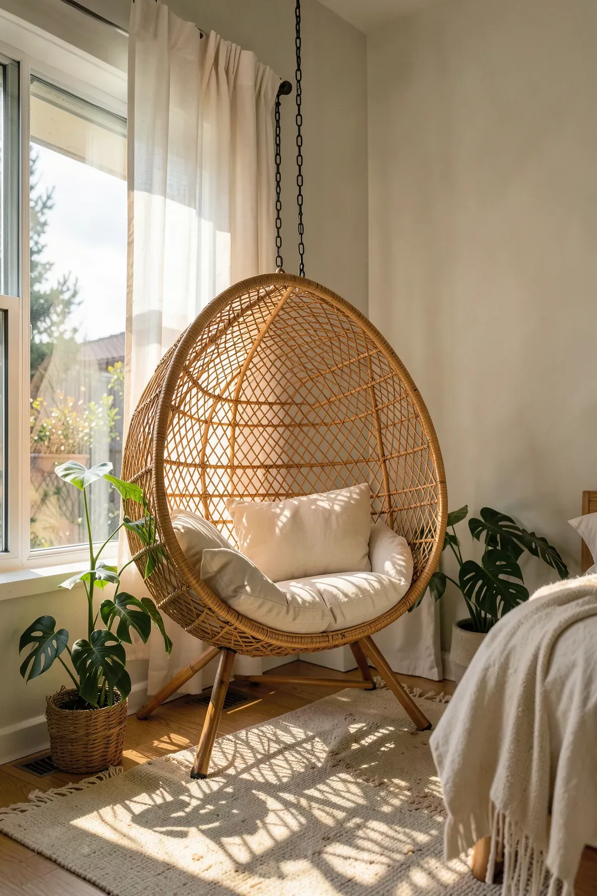 A hanging rattan swing chair with plush cushions next to a window in a sun-drenched bedroom.
