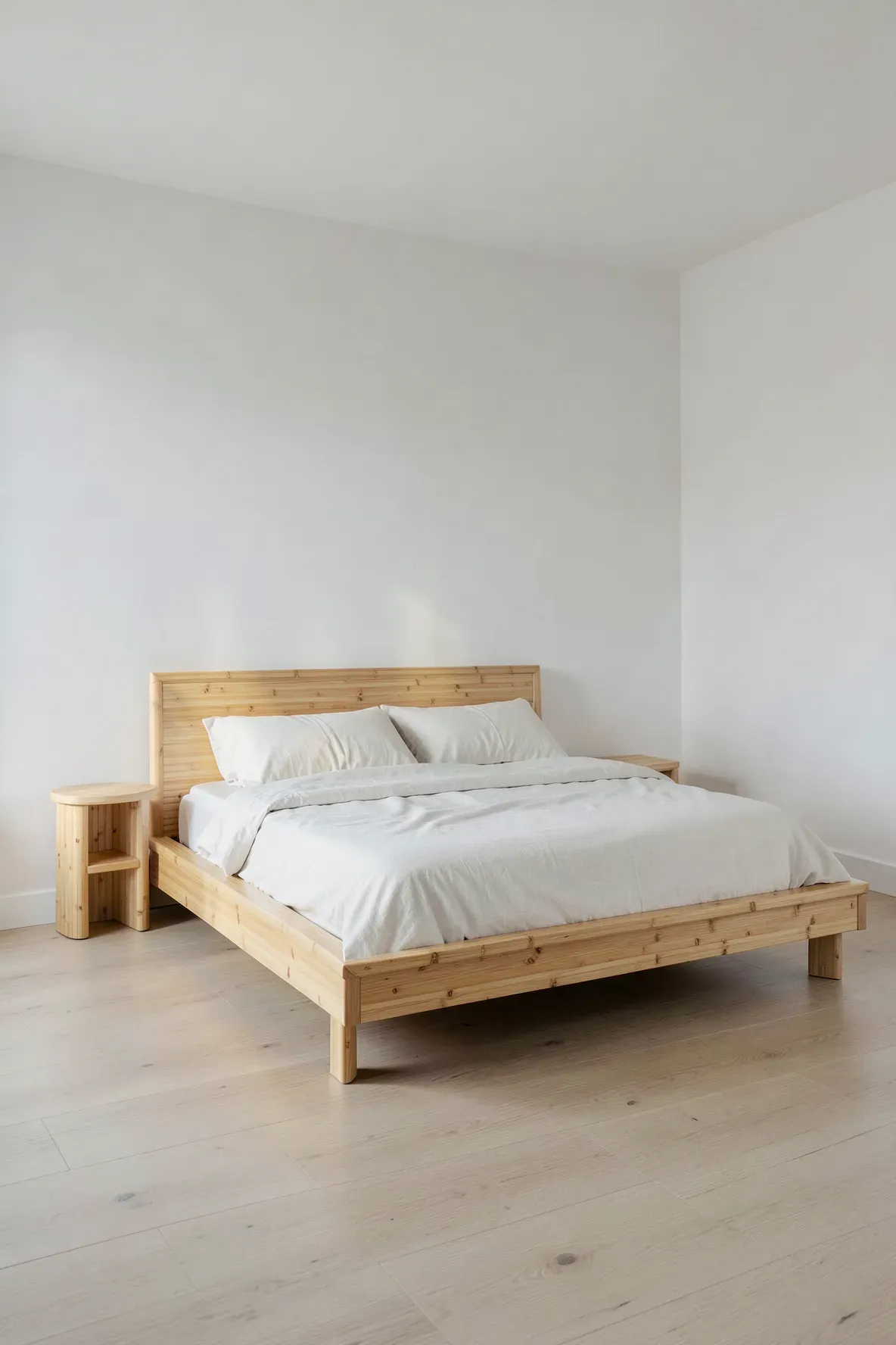 A minimalist bamboo platform bed frame with white linens in a spacious, light-filled bedroom.