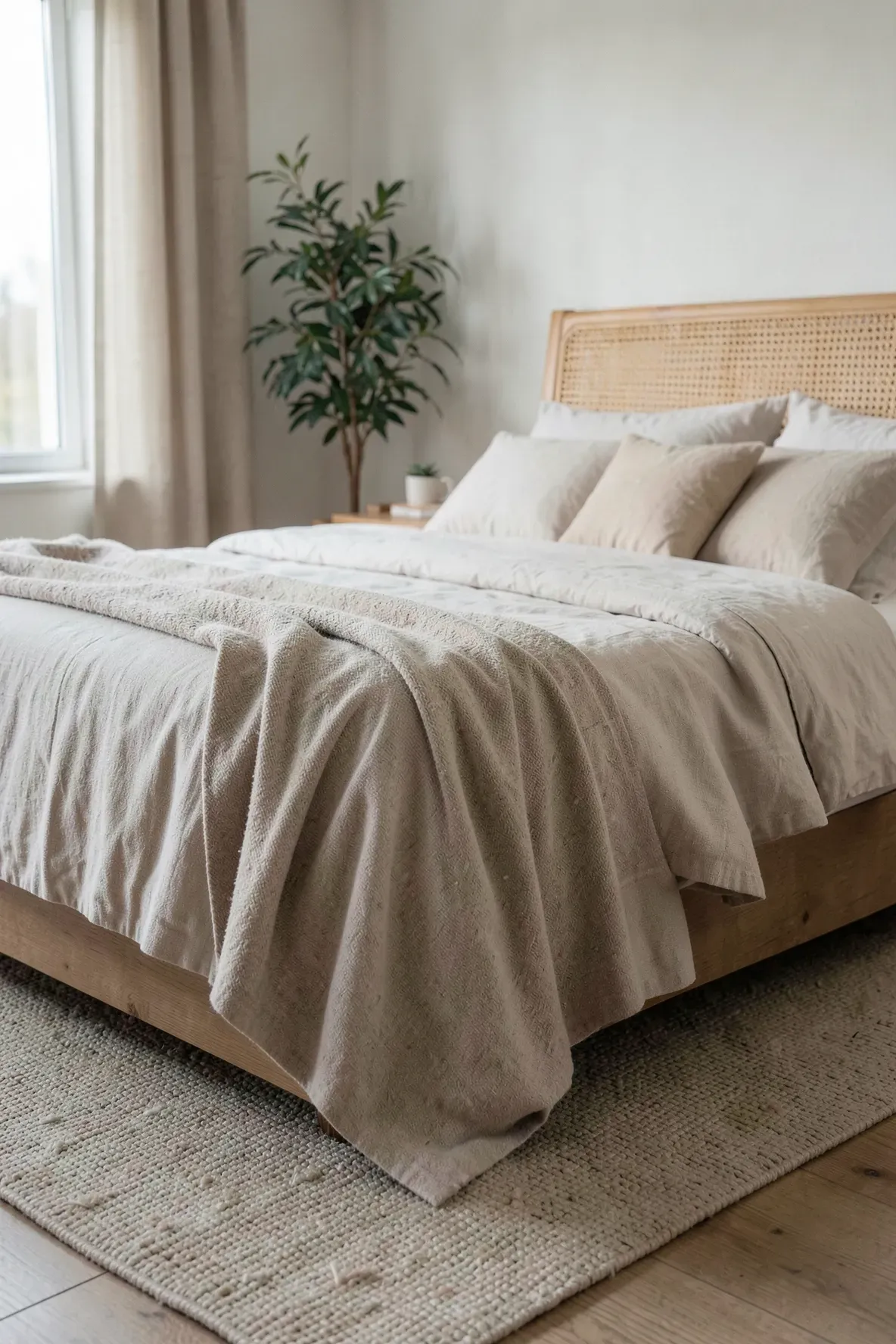 A neutral-toned bamboo fiber throw blanket draped over a bed in a serene, stylish bedroom.